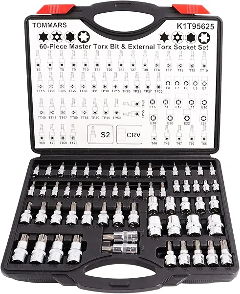 TOMMARS 60-Pc Master Torx Bit Socket and External Socket Set 1/4", 3/8", 1/2" Drive, S2 Steel Bits, CRV Sockets E4-E24, T6-T70,TT6-TT70,TP8-TP60