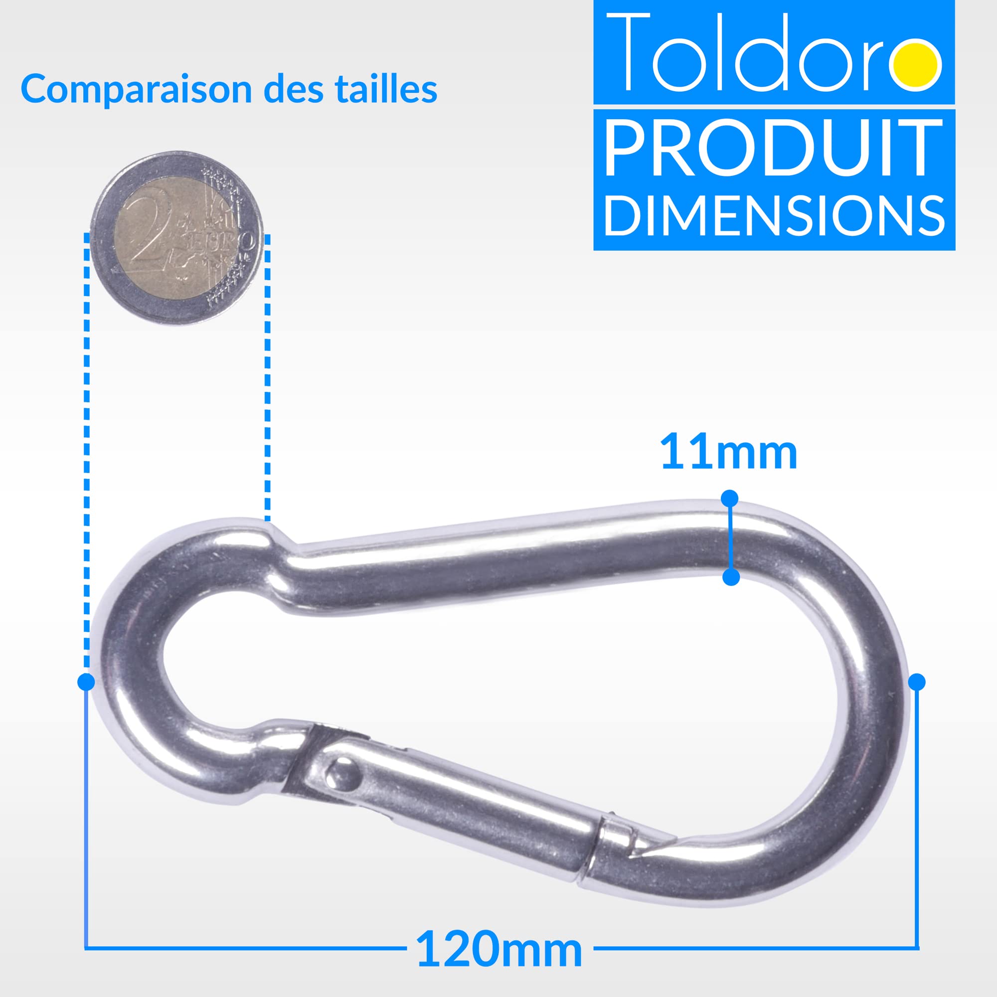 Toldoro 2 Pièces Mousqueton 11x120mm en Acier Inoxydable NIRO AISI 316 V4A - Grande Taille pour Pompier, Sans Cosse