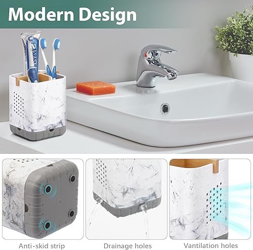 Miniatura 10 de Boperzi Portacepillos de dientes negros para baño, soporte eléctrico para cepillos de dientes con divisor de bambú, cepillo de dientes