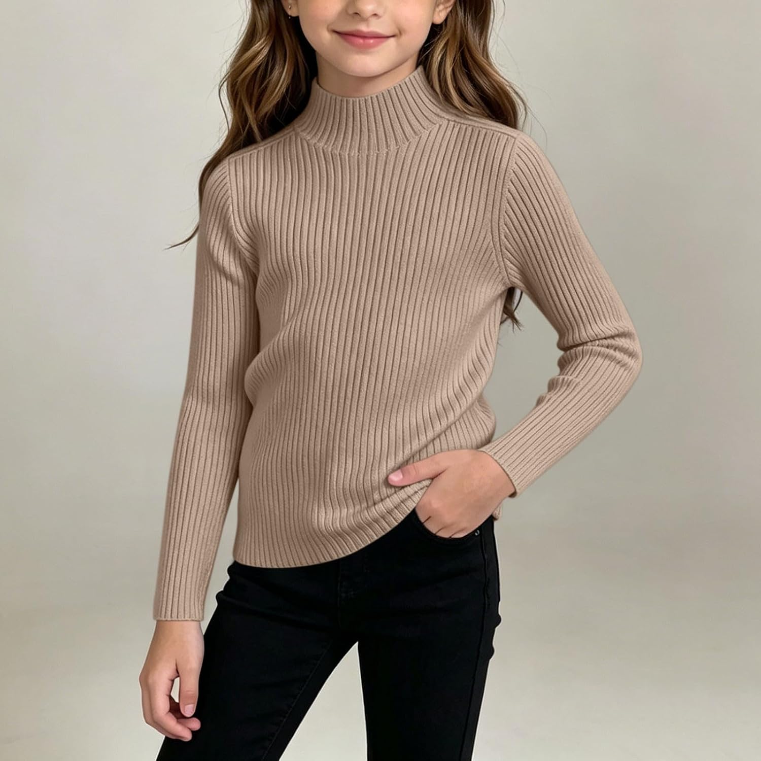 Girls Long Sleeve Sweater Ribbed Turtleneck Warm Pullover Tops
