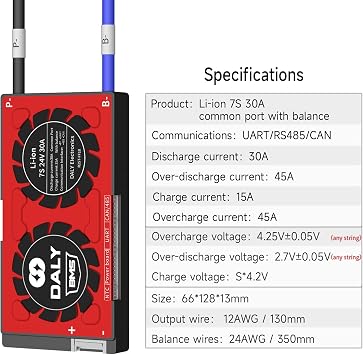 DALY Smart BMS Li-ion 7S 24V 30A with Common Port and Bluetooth Module Resetting Program for Home Power Storage Solar System(Smart BMS+RS485+CAN,30A)