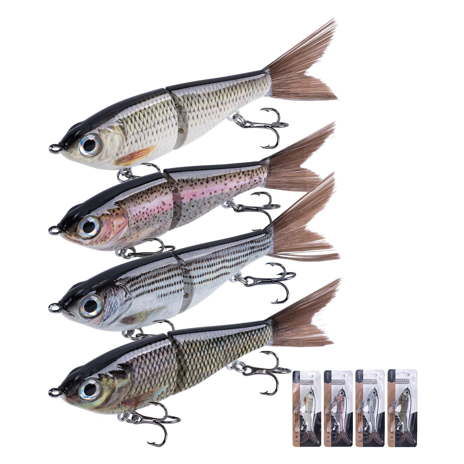 Goture 4Pcs Glide Bait with Hair-Tailed Pike Fishing Lures, Slow Sinking Swimming Baits with Treble Hooks, Fishing Lure for Bass Trout, Realistic Lifelike Freshwater Saltwater D