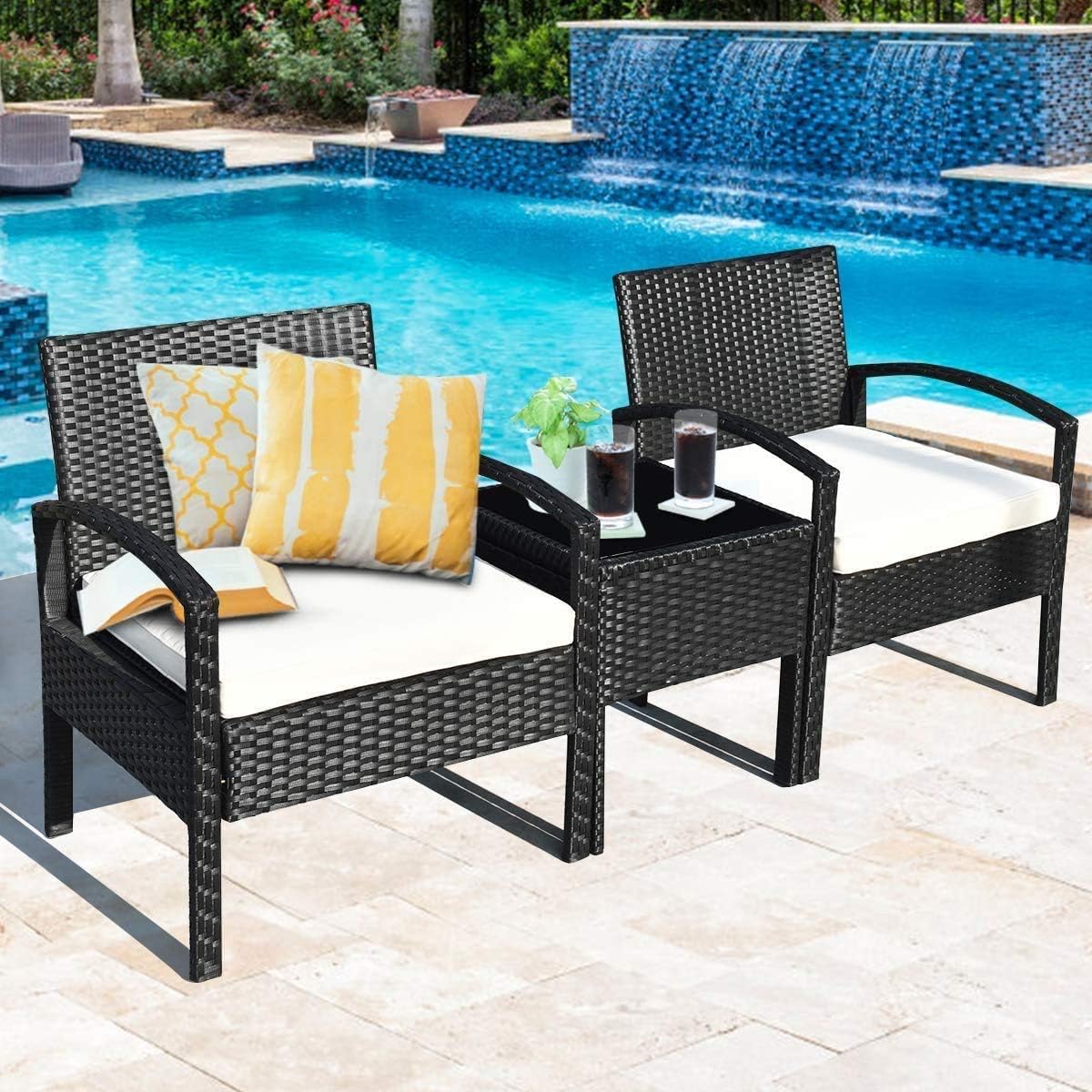 Nightcore 3 Pieces Outdoor Patio Furniture Set, Rattan Conversation Chair Set w/Beige Seat Cushions & Glass Coffee Table, Perfect for Yard Porch Poolside Lawn (1)