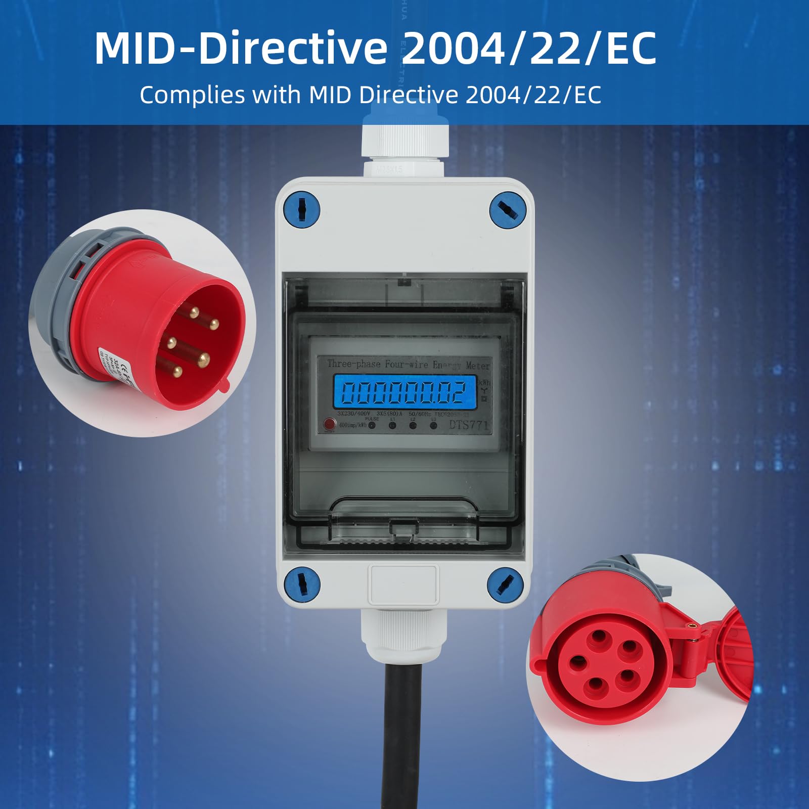 Mobilny licznik prądu w pudełku z 5 fazami 32 A 400 V CEE wtyczka i złącze, 5 x 2,5 mm² kabel zasilający 0,5 m – przedłużacz CEE 0,5 m na kemping, e-samochód lub do firm (5P 16A)