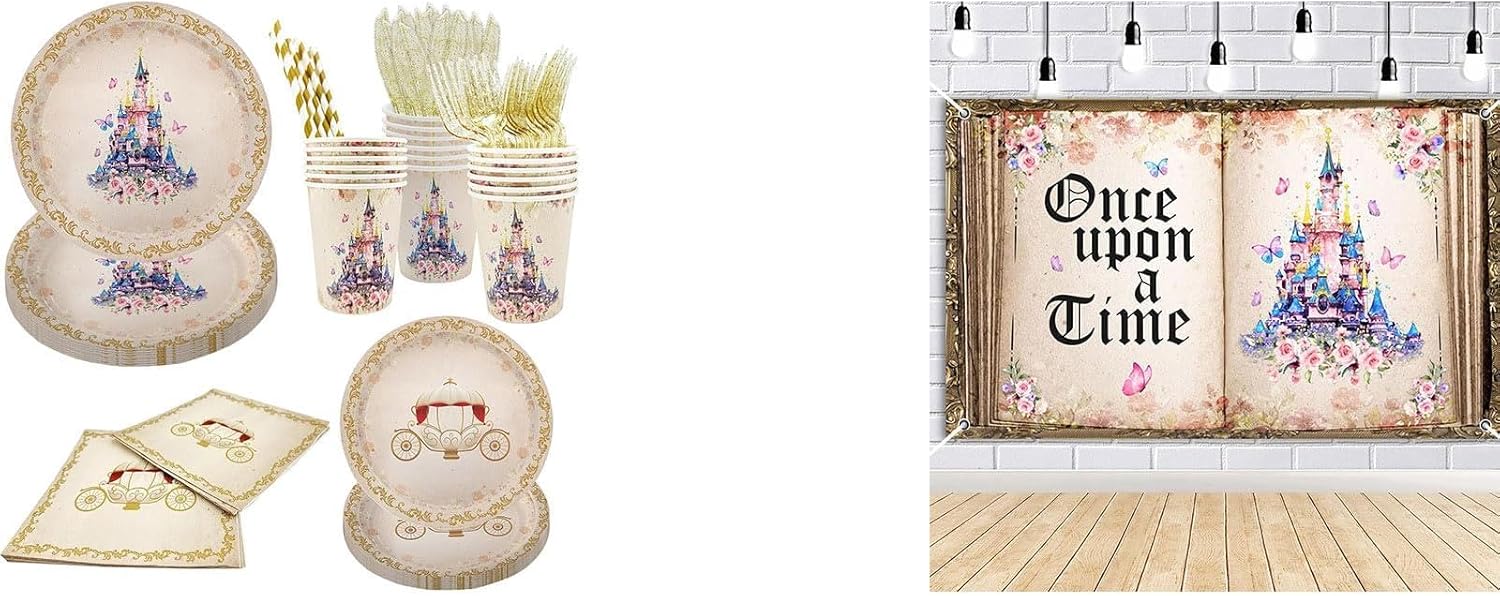 112 PCS Princess Party Plates Princess Birthday Decorations Once Upon a Time Castle Princess Party Tableware Set Purple Floral Napkins and Backdrop