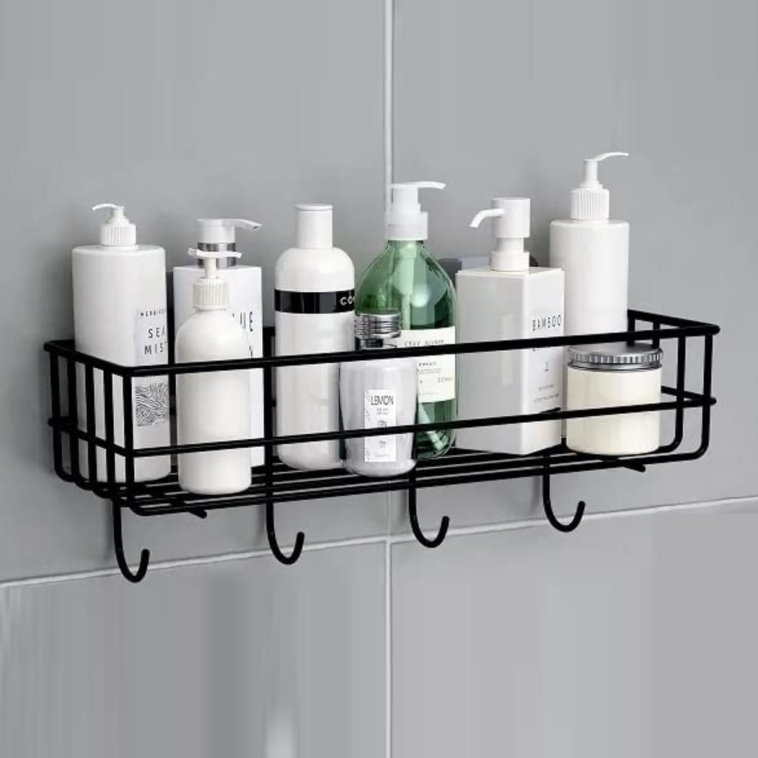 Gkart Wall Mounted Storage Shelf, Stainless Iron Coating, 4 Hooks, Self-Adhesive Installation, Black, (Pack of 1)-image-33