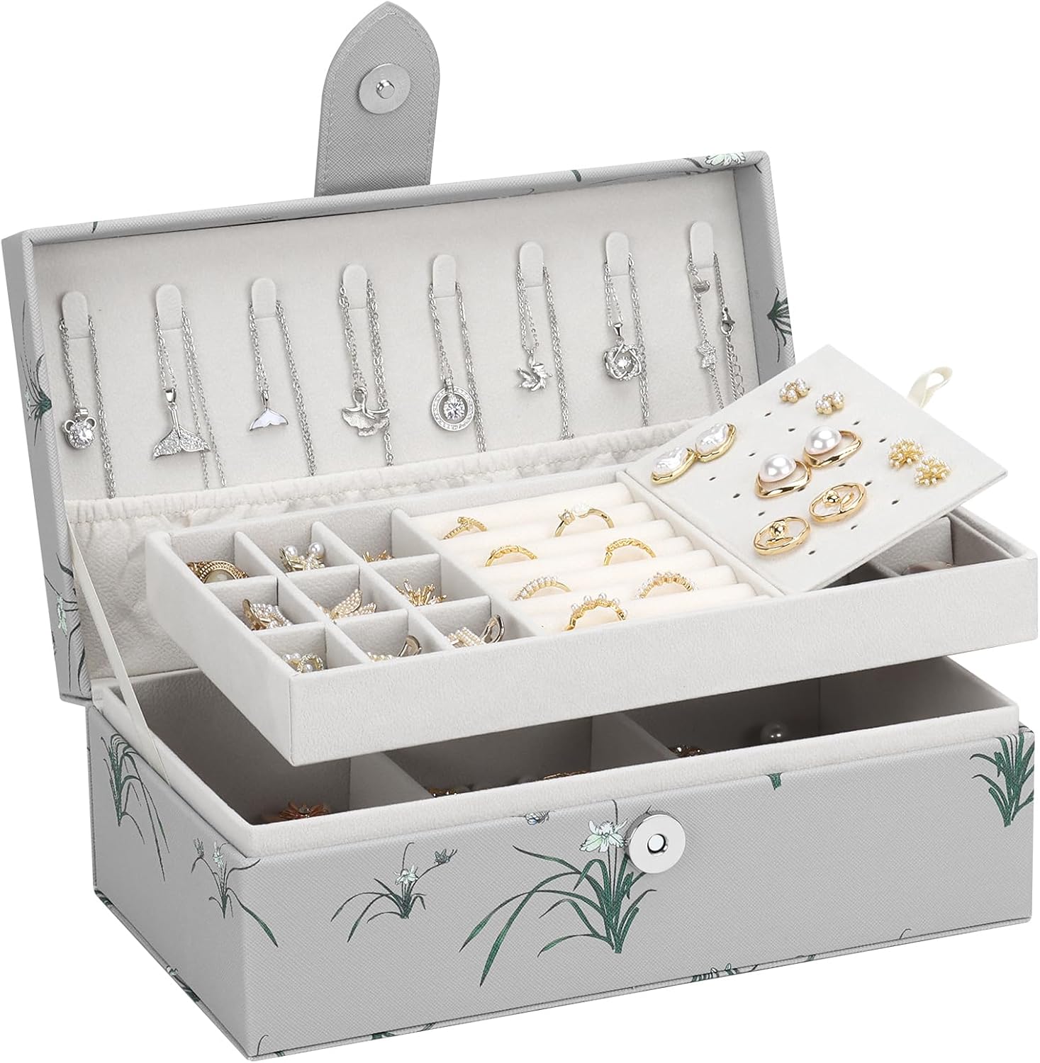 DesignSter 2 Layer Large Jewelry Box for Women, Leather Jewelry Organizer with Removable Jewelry Tray, Jewelry Storage Case for Necklaces Earrings Bracelets and Rings（Orchid）