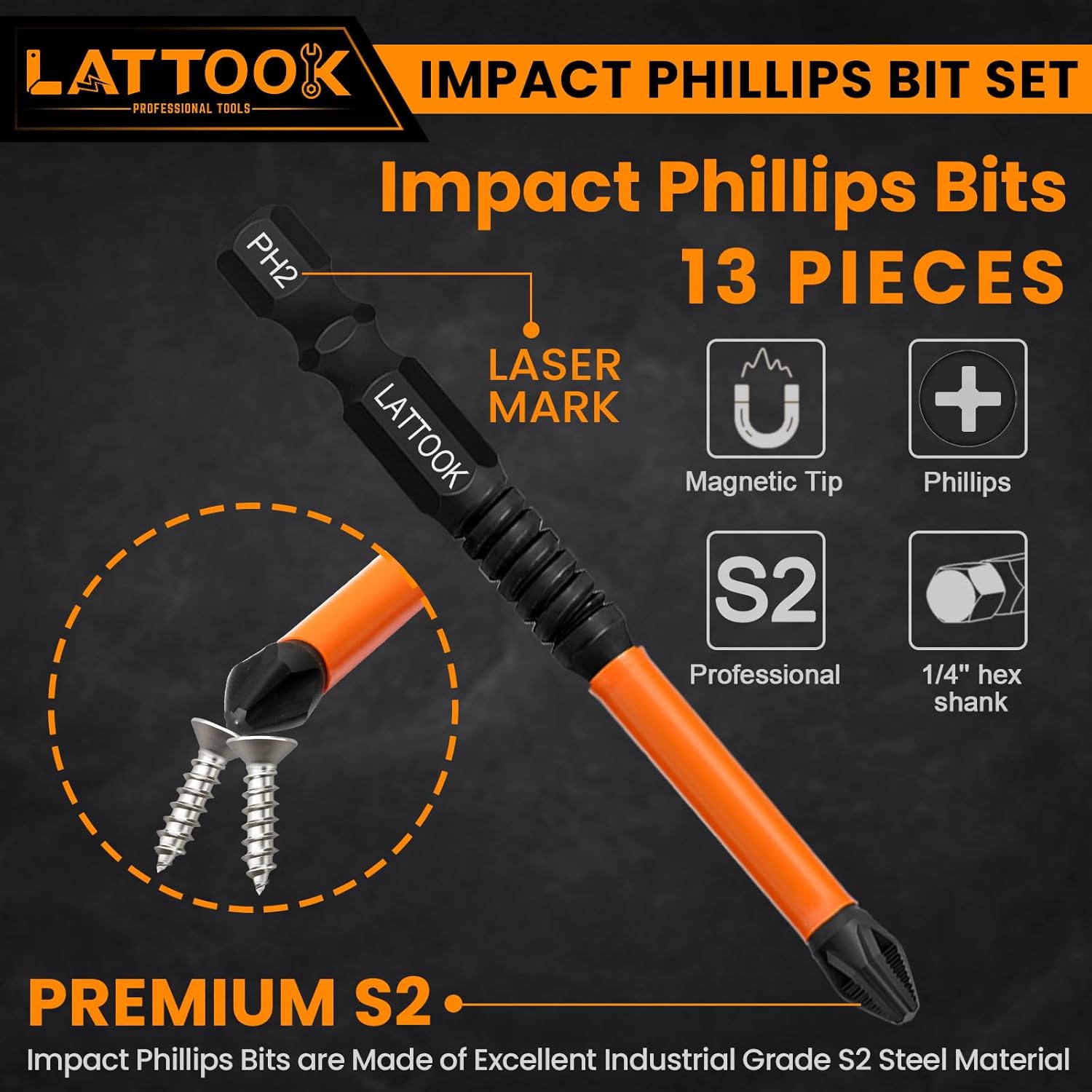 13-Pack Impact Phillips Bits Set, LATTOOK #1, #2, #3 Magnetic Anti Slip Long Phillips Screwdriver Bits Set, 1/4" Hex Shank S2 Steel, Ph1, Ph2, Ph3