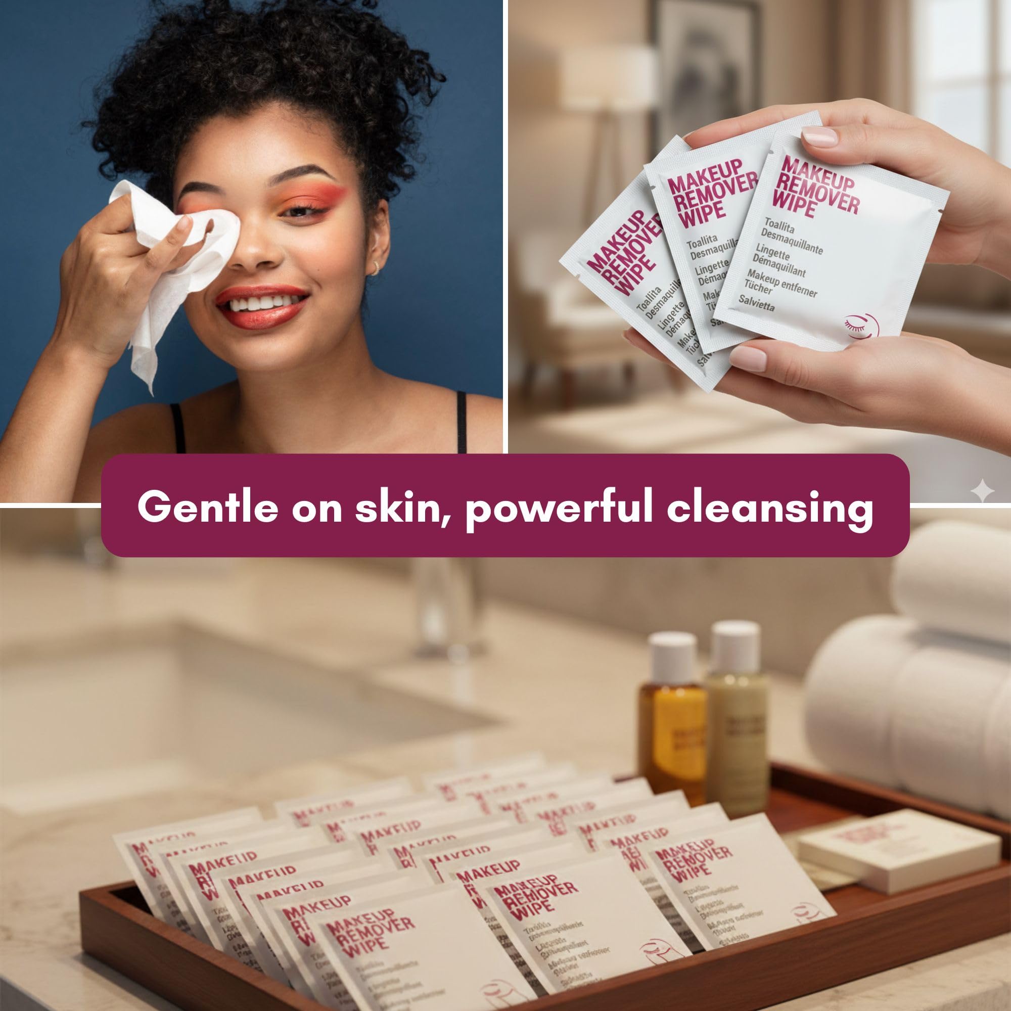 50 Sobres Toallita Desmaquillante – Makeup Remover Wipe monodosis, limpieza facial, formato viaje, amenities baño, kit bienvenida, pack hotel, reposición rápida