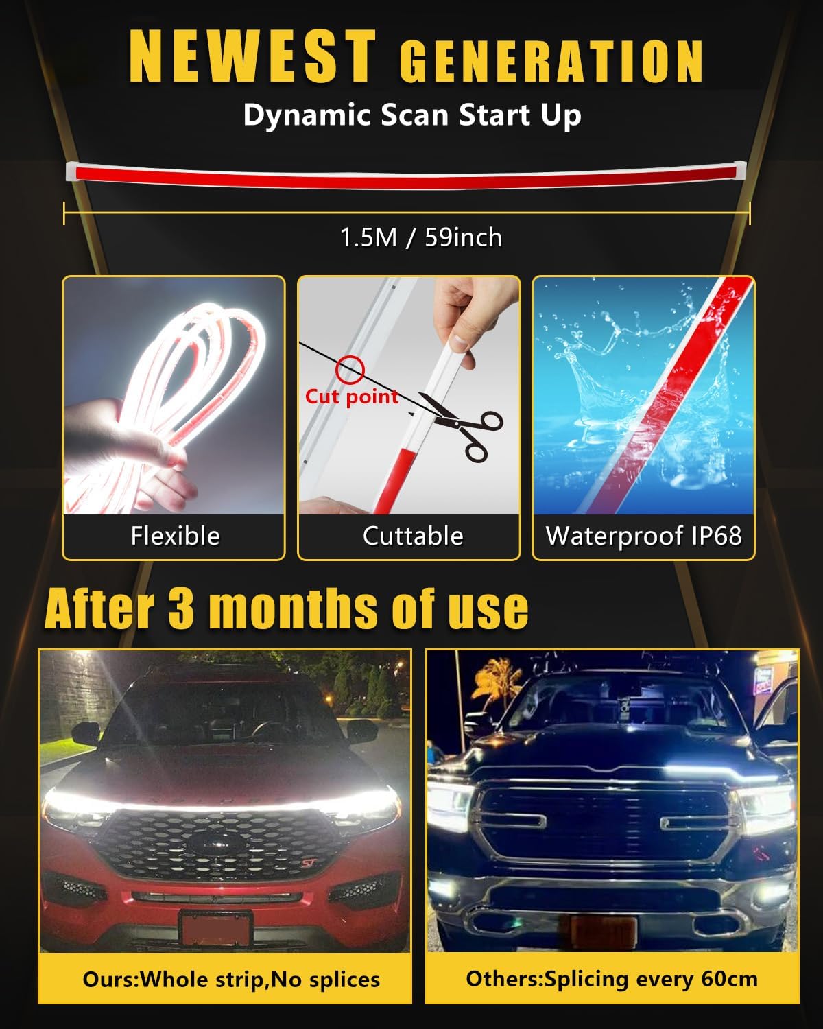 ym e-bright led hood light strip exterior car led strip light waterproof flexible drl dynamic scan start up hoodbeam kit daytime running lights for car,truck,suv,12v 59inch,white,1 set dynamic white 59 inches