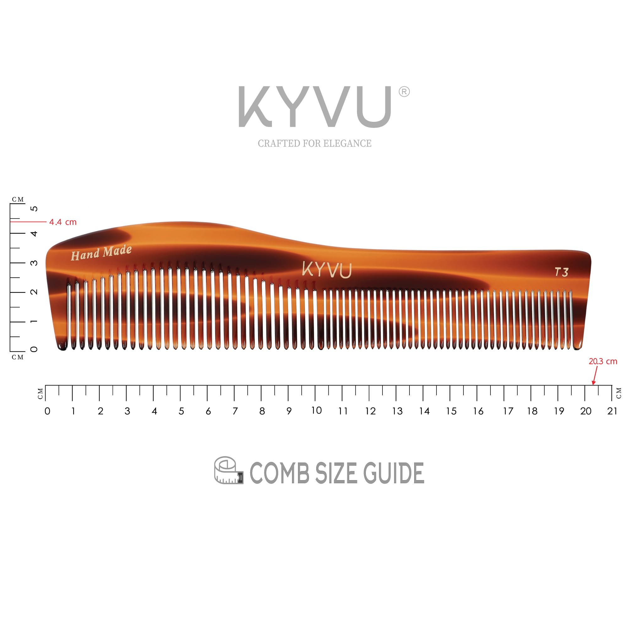 KYVU Handmade Cellulose Acetate Comb T3, 20.3 cm, FINE & COARSE Teeth, Tortoiseshell Colour, Hair Styling for Men & Women - Image 4
