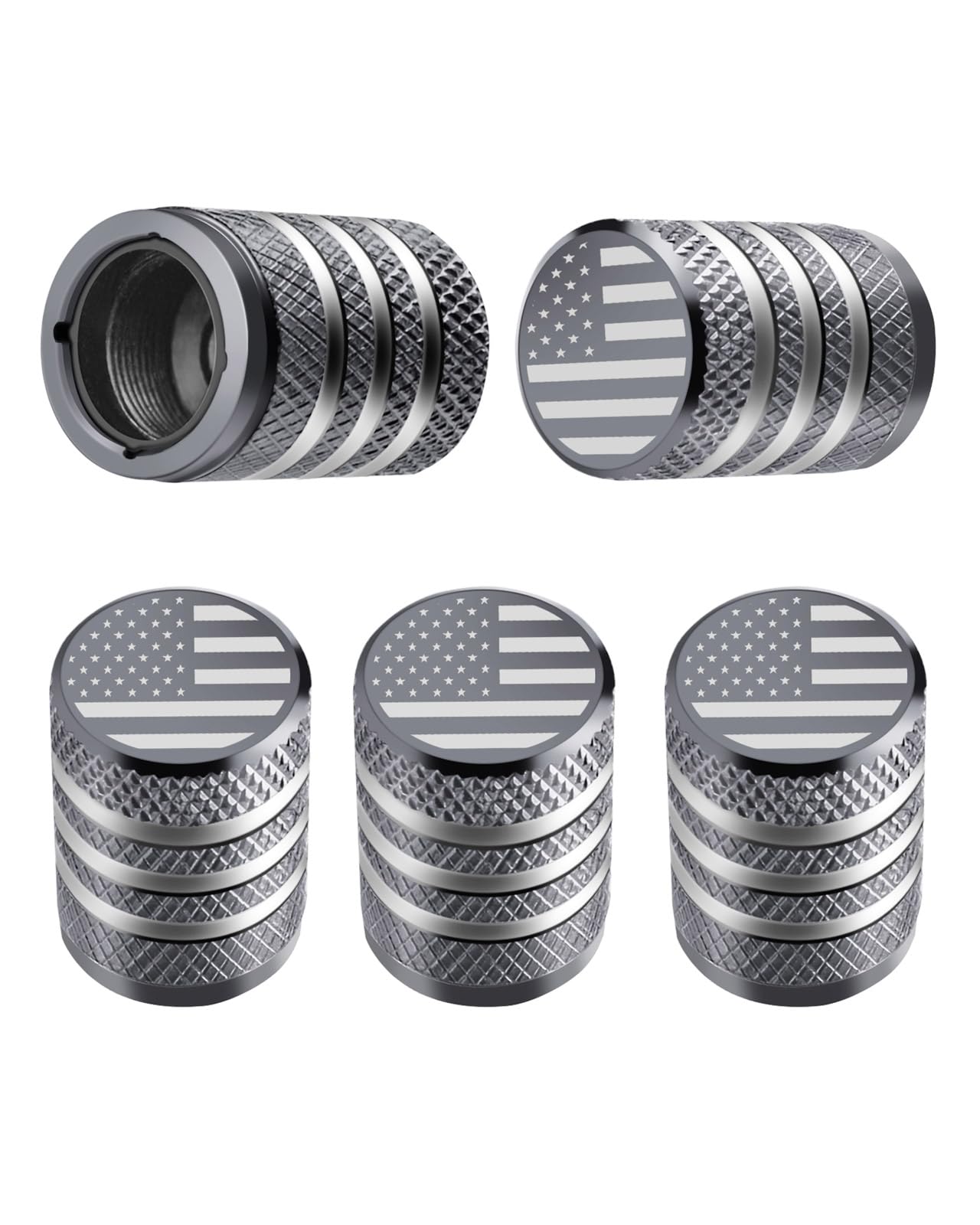 タイヤバルブステムキャップカバー - (5パック) タイヤエアキャップ 金属 プラスチックライナー付き 耐腐食性 漏れ防止 アメリカ国旗 車 トラック オートバイ バイク用 グレー