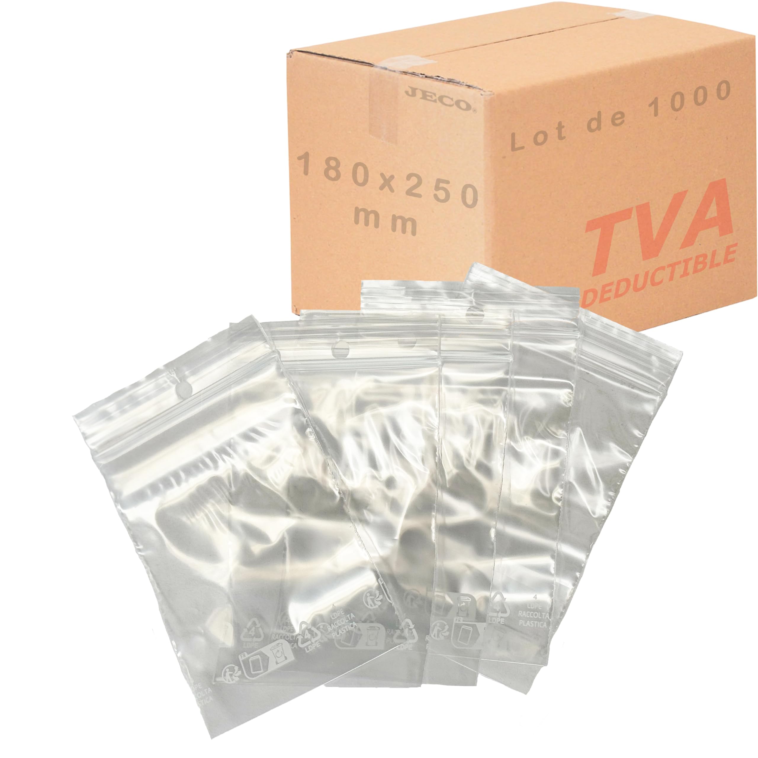 Jeco - Lot de 1000 sachets à fermeture zip transparent format 18 x 25cm : 180 x 250 mm 50µ - qualité alimentaire