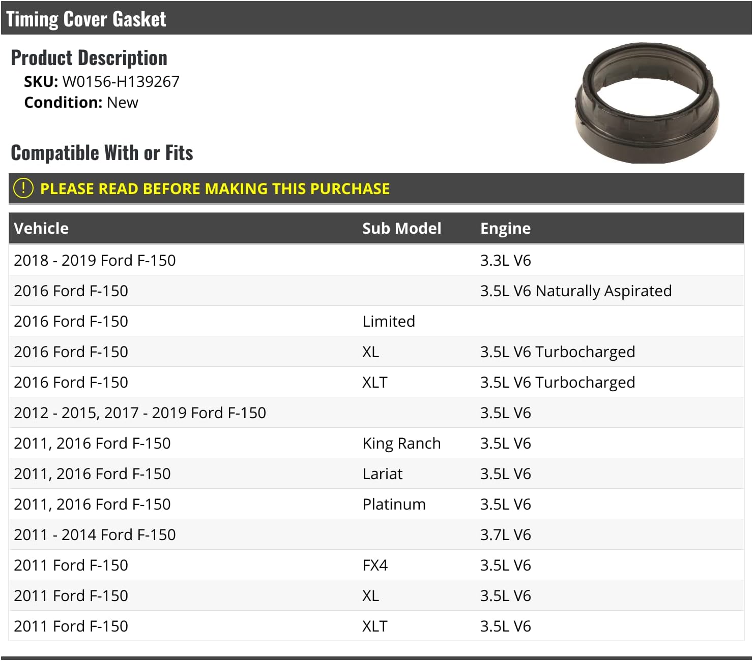 Marketplace Auto Parts Timing Cover Gasket - Compatible with 2011-2019 Ford F-150