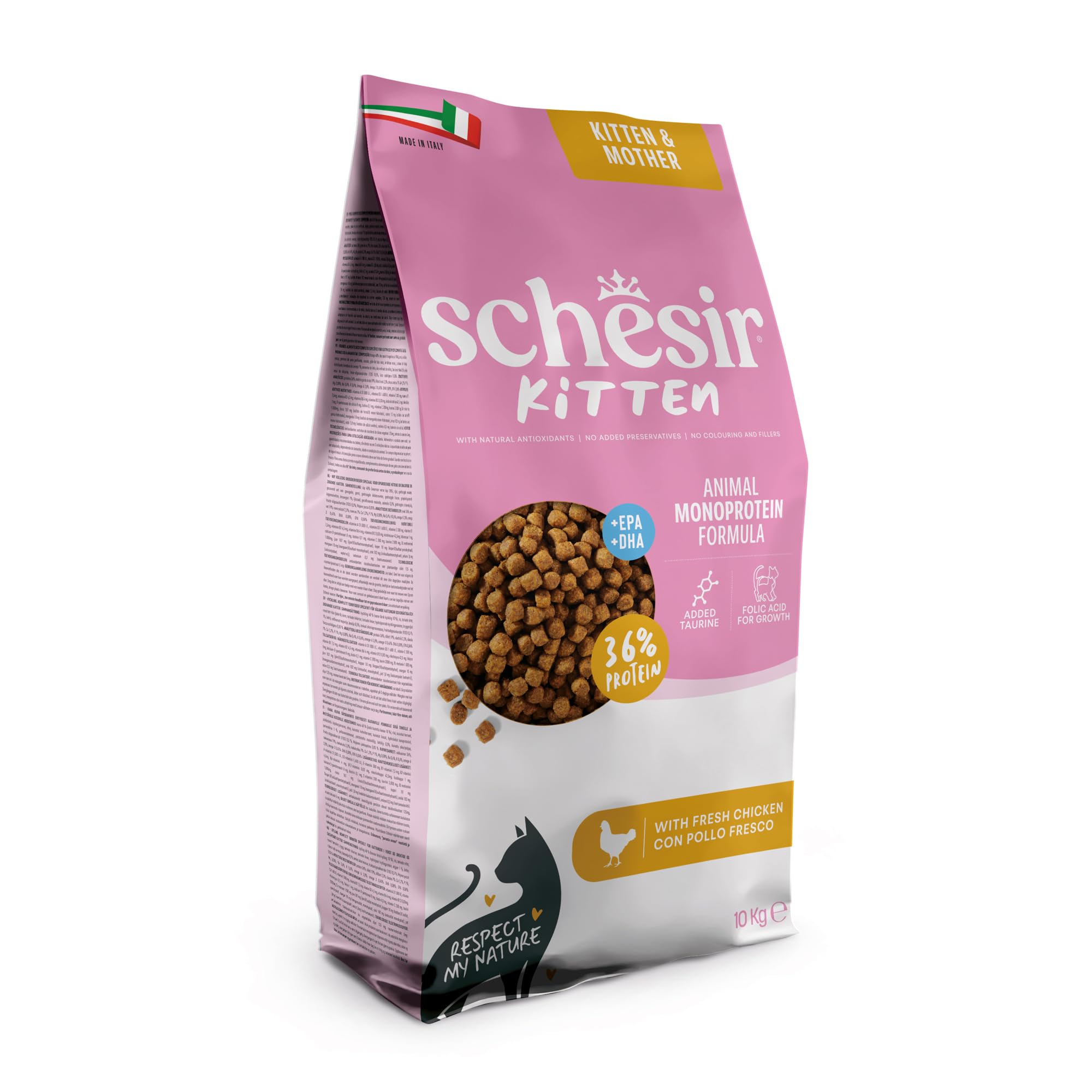 Schesir Animal Monoprotein Kitten, Croquettes pour Chatons, Aliment Sec Monoprotéiné Complet et Équilibré, Goût Poulet, 10 kg