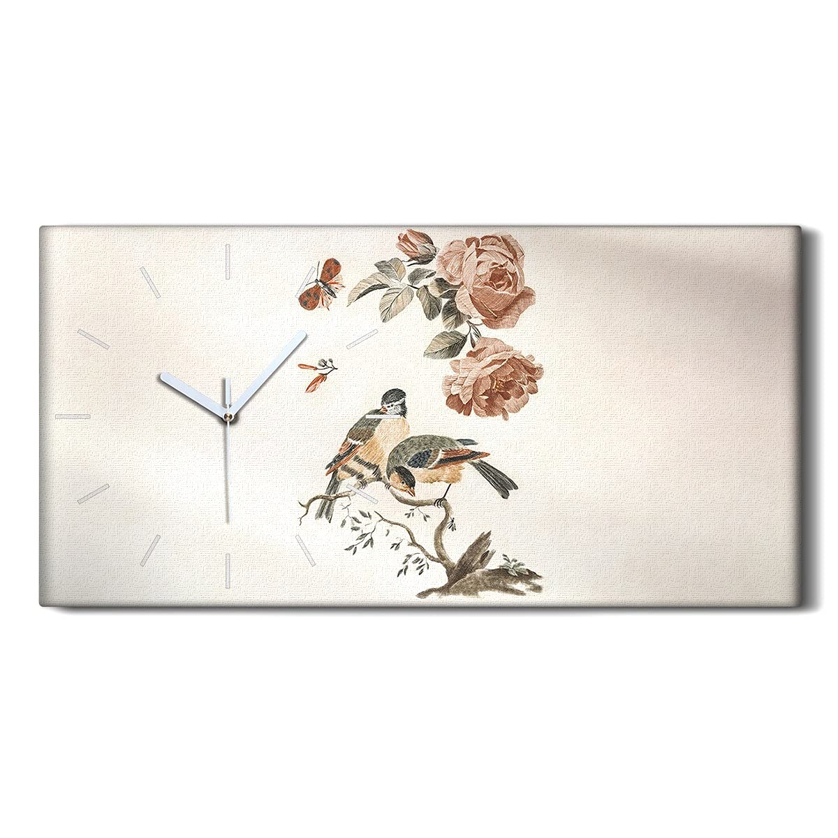 Horloge sur Toile Salon Moderne Tableau Mural Oiseaux Branche Fleurs 60x30cm