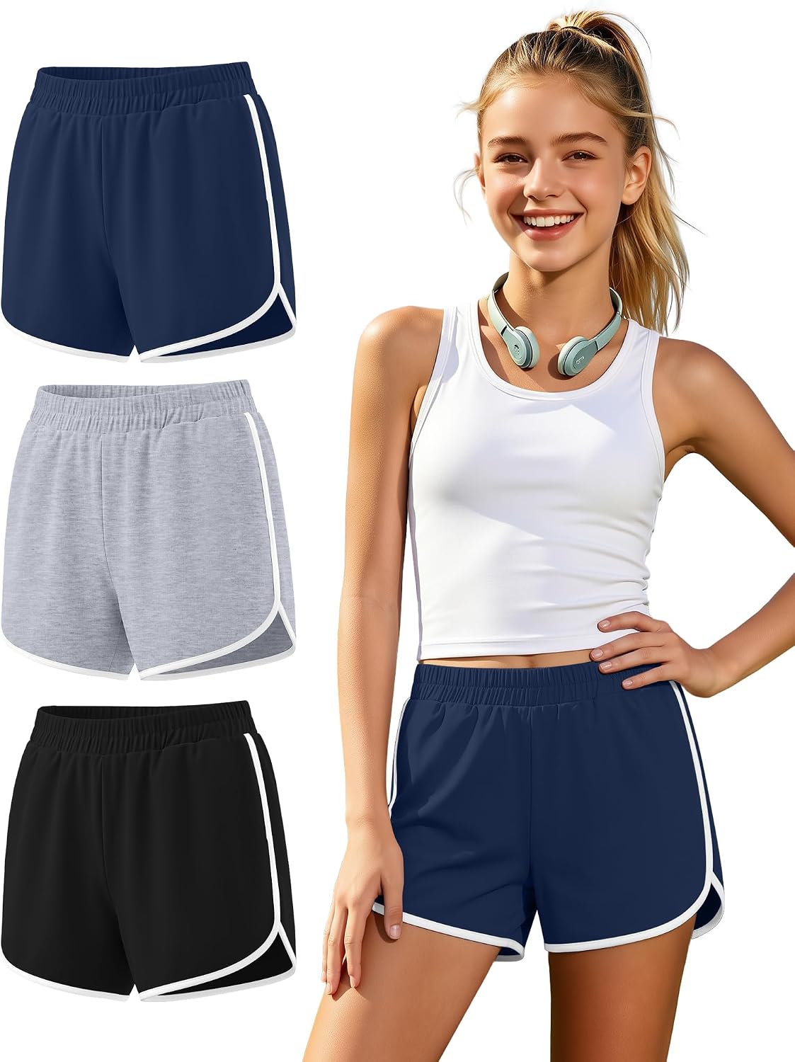 3 Pack Girls Athletic Shorts Teens Elastic Waist Dolphin Shorts for Summer Running Soccer Basketball Ages 5-16 Years