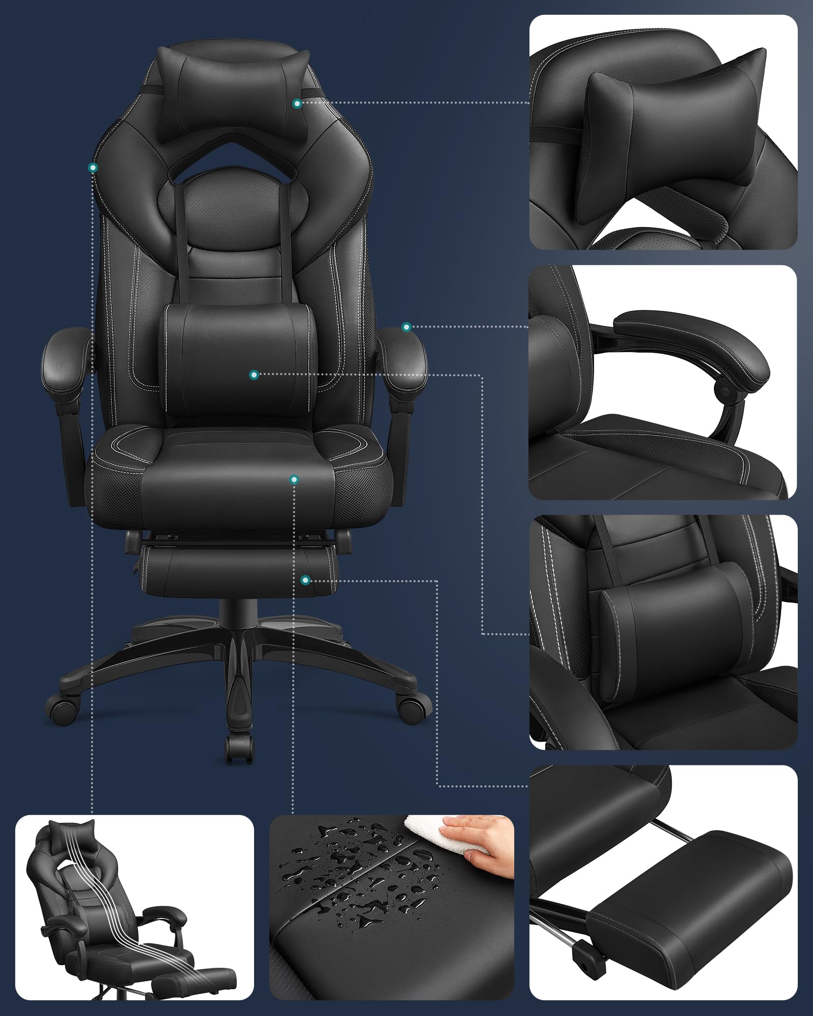 SONGMICS Chaise de Jeu, Chaise d'Ordinateur, Ergonomique, avec Repose-Pieds, Coussin de Tête Ajustable, Support Lombaire, Capacité de Charge de 150 kg, Noir OBG077B01
