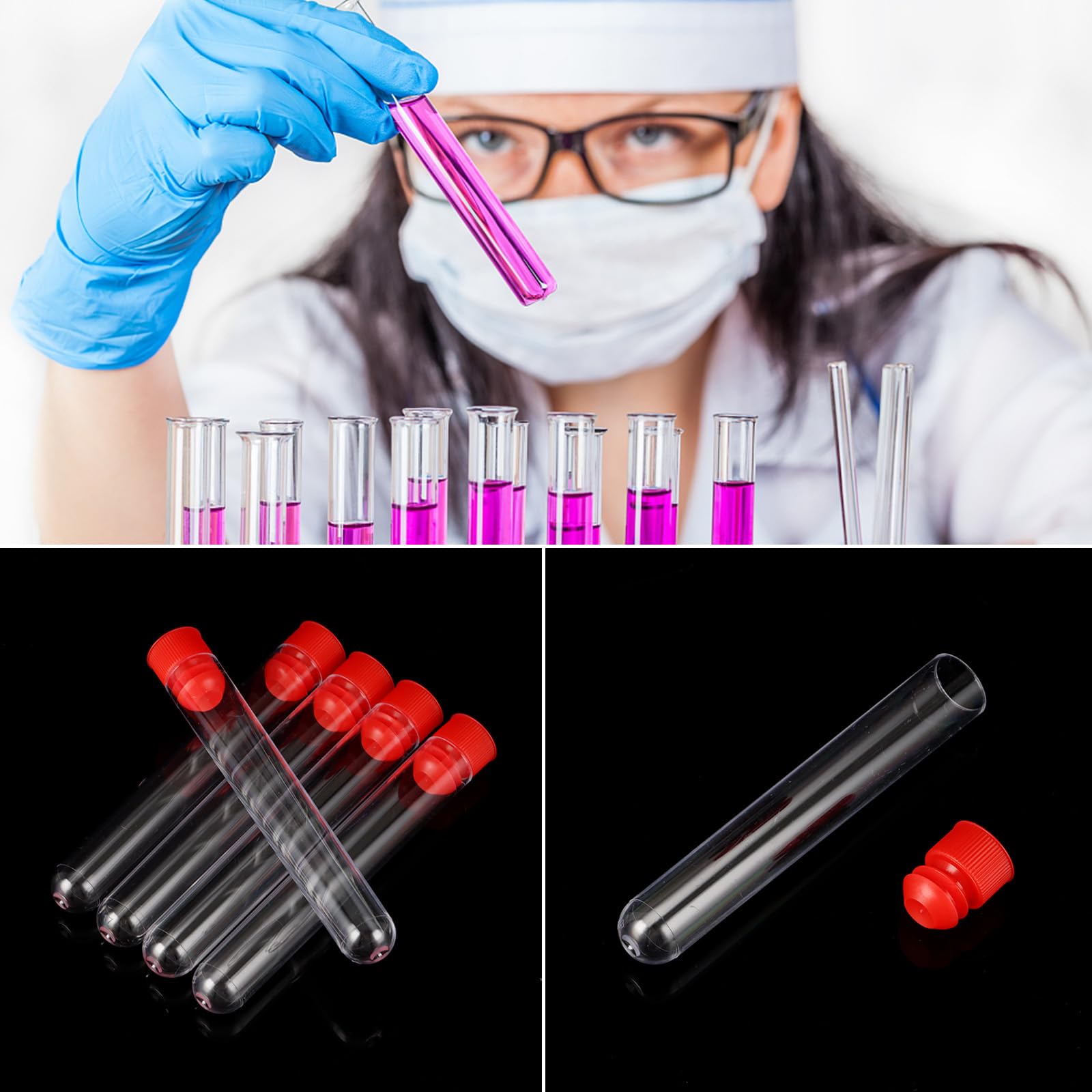 CYEER Lot De 200 Tubes à Essai En Plastique Avec Bouchons + 2 Supports 3 Niveaux - Échantillons Laboratoire