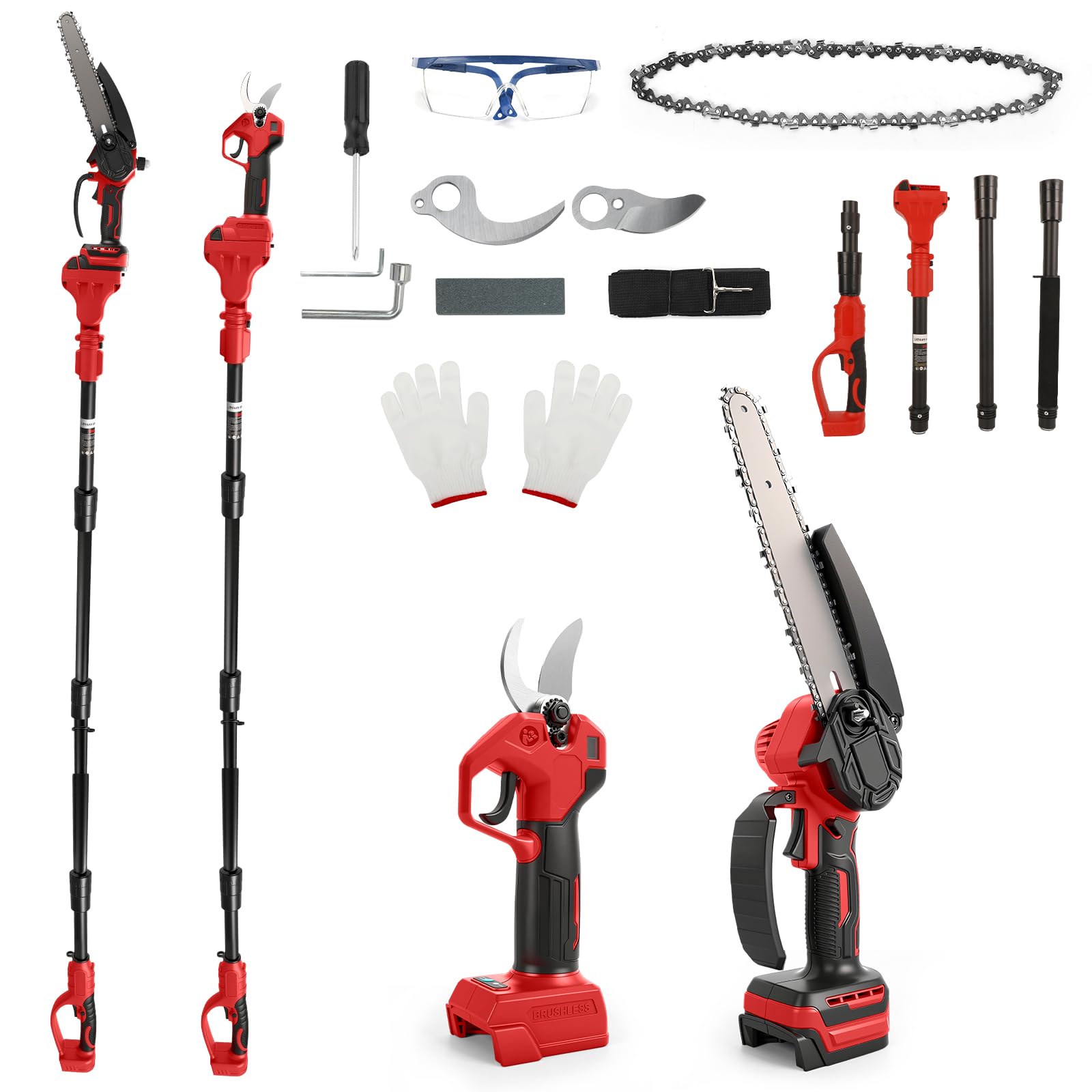 4-in-1 Cordless 8-inch Mini Chainsaw & Pruning Shears Compatible with Milwaukee 18V Battery (No Battery), Pole Chainsaw with 2m Extension Pole and Spare Chain, 30mm Electric Shears with Spare Blade