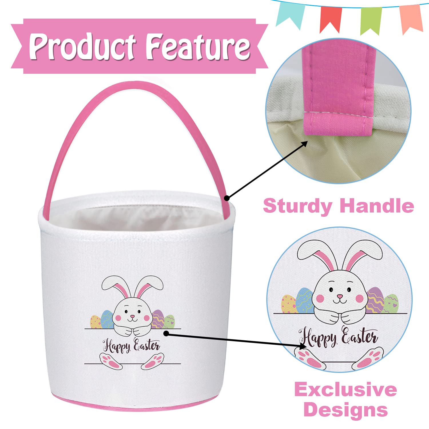 PARTYWIND Easter Baskets for Kids Egg Hunt, Easter Boys and Girls Party Supplies Favors Games, Easter Baskets Bags with Handle (Pink)