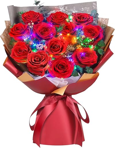 ADDWel Leuchtender Ewiger Rosenstrauß (12 Echte Rosen mit LED) - Einzigartiges Muttertagsgeschenk & Deko - Geschenk für Frau, Mama, Oma & Frauen zum Muttertag, Hochzeitstag & Geburtstag