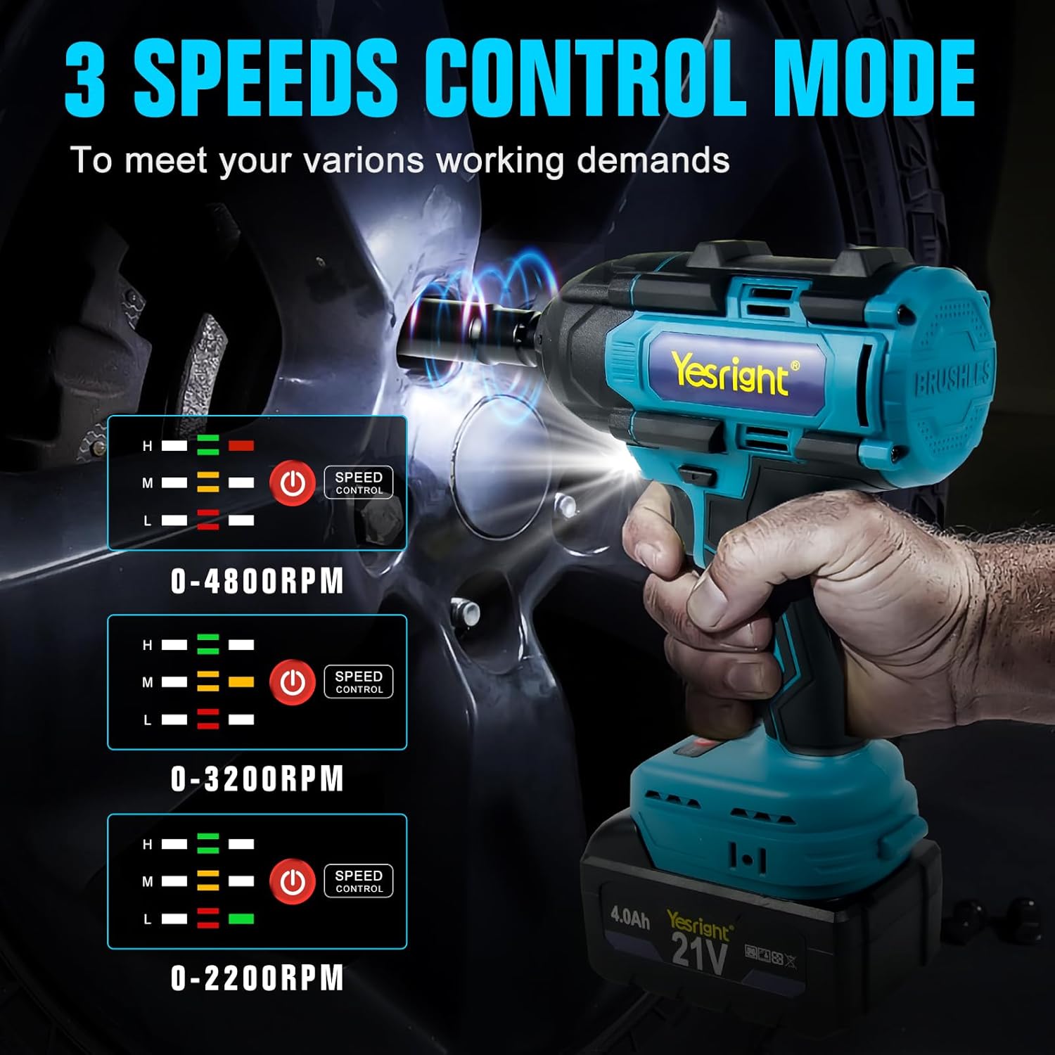 1000N.m Cordless Impact Wrench 1/2", 4800RPM High Torque Gun With 2x 4.0Ah Battery, Brushless Electric Wrench With LED Work Light for Truck Car Home Mower