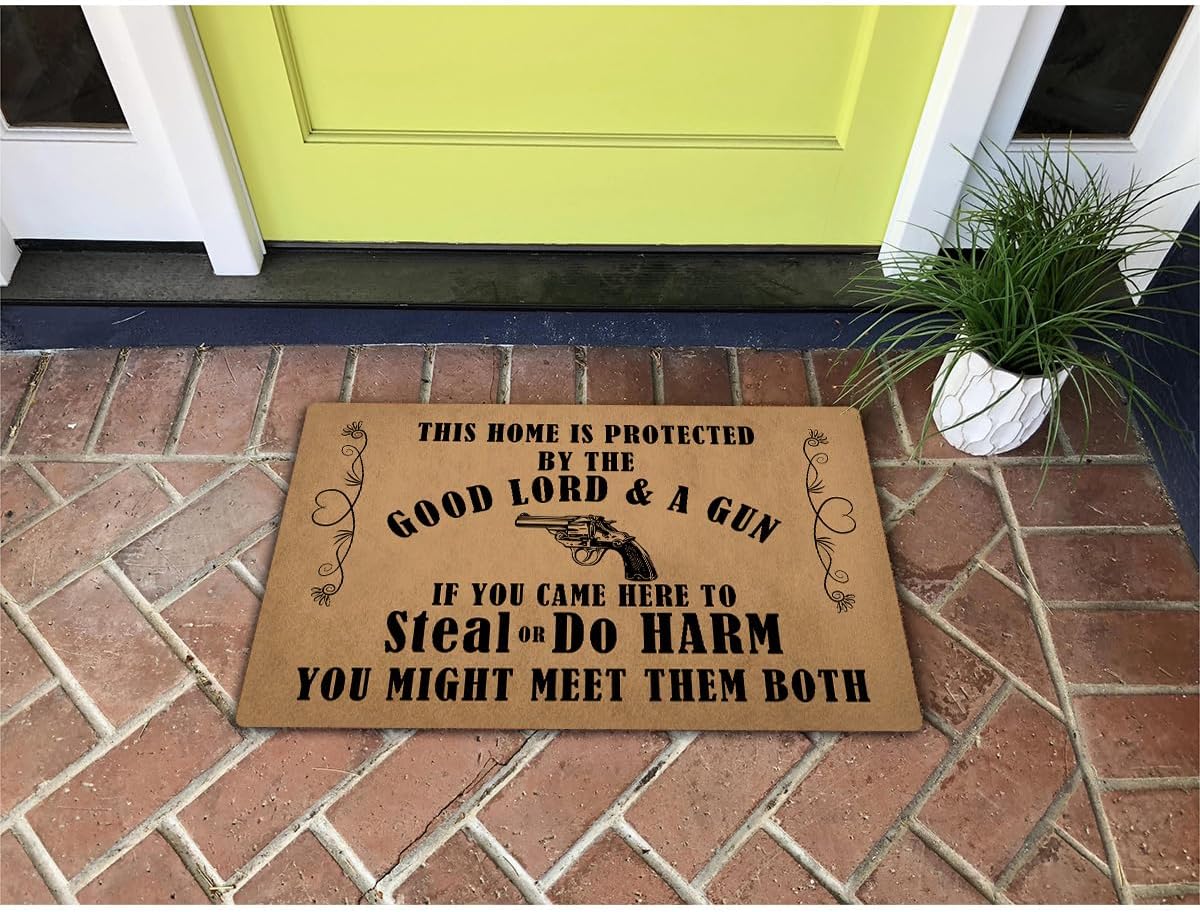 Funny Welcome Doormats Decorative Area Rugs for Front Porch This Home Is Protected By The Good Lord And A Gun Personalized Kitchen Rugs With Anti-Slip Rubber Back Novelty Gift Mat(23.7 X 15.9 in)