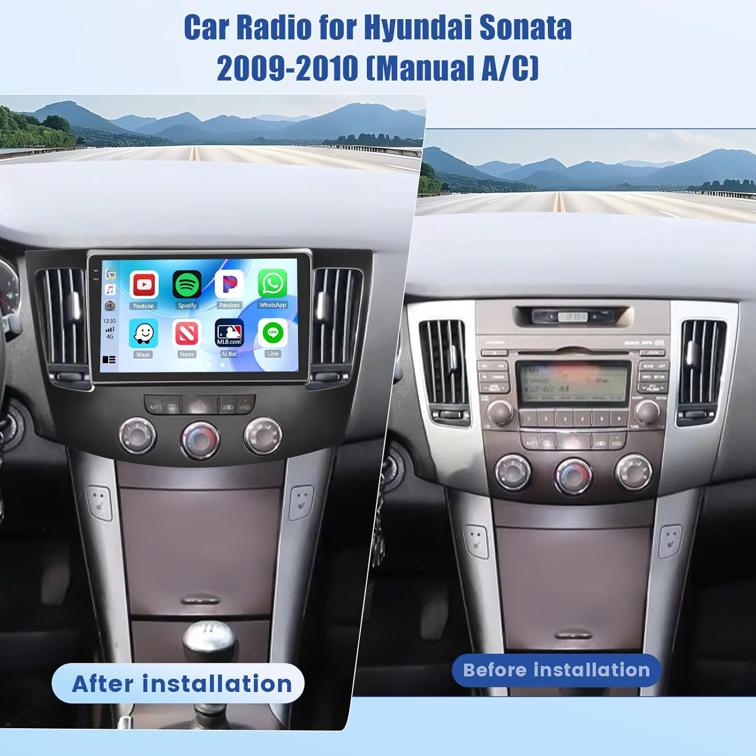 [4G+64G] Android 15 Car Radio for Hyundai Sonata 2009-2010 (Manual A/C) with Wireless Carplay/Android Auto, 9 Inch HD Touch Screen Car Stereo with GPS WiFi Bluetooth FM/RDS EQ SWC