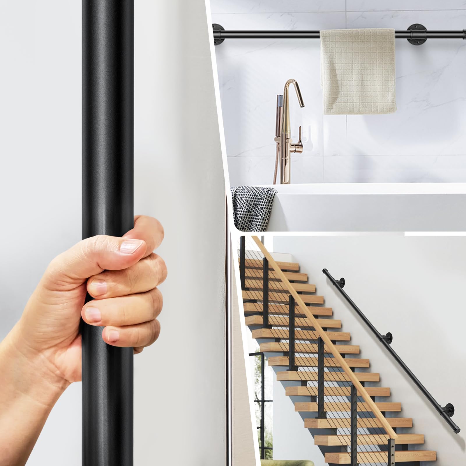 Corrimano per Scale Interne, 2 Sezioni da 1.5M Passamano per Scale Interne in Metallo, Senza Barriere Antiscivolo e di Sicurezza per Interni, Ringhiera per Scale Adatto a Bambini, Disabili e Anziani