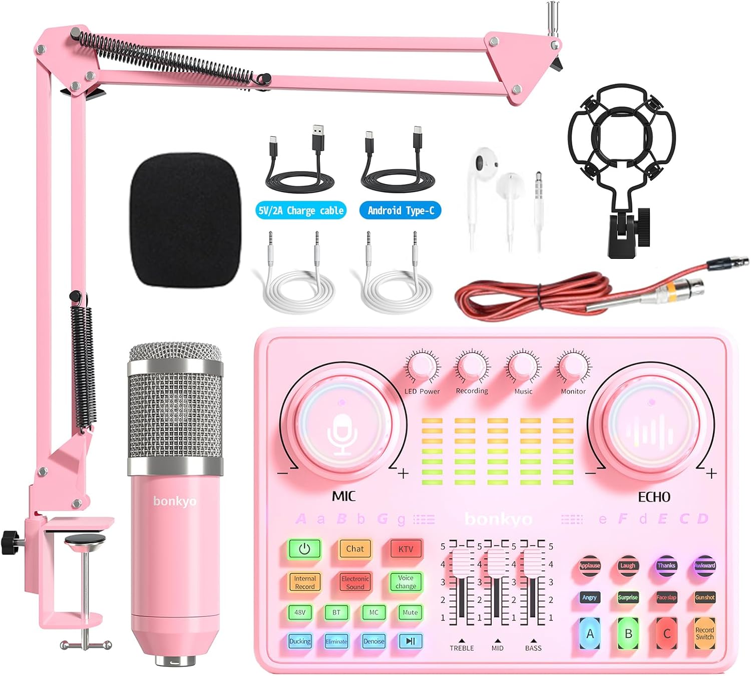 Podcast Equipment Bundle: Audio Interface & DJ20 Mixer with XLR Mic, Voice Changer, 2400mAh Battery for Podcasting, TikTok Live Streaming, and Gaming (Pink)