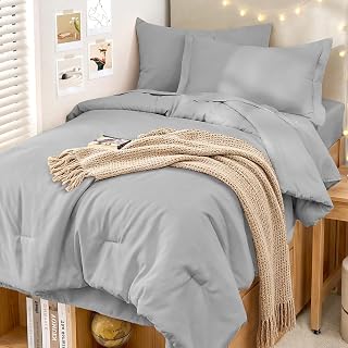 MUXHOMO 5 Pieces Twin XL Comforter Set, Soft Bed in a Bag Twin XL Size, All Season Bedding Set with Comforter, Flat Sheet, Fitted Sheet, Pillowcases & Shams, Light Grey