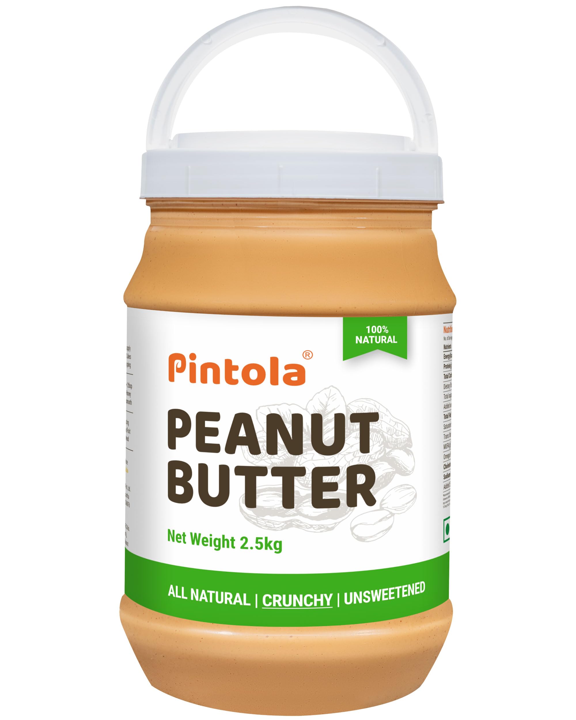 PintolaAll Natural Peanut Butter Crunchy 2.5kg | Unsweetened | 30g Protein | No Palm Oil, Natural, No Added Sugar, Vegan and Single Origin Peanuts | sugar free peanut butter | 100% Pure | Nut Butter