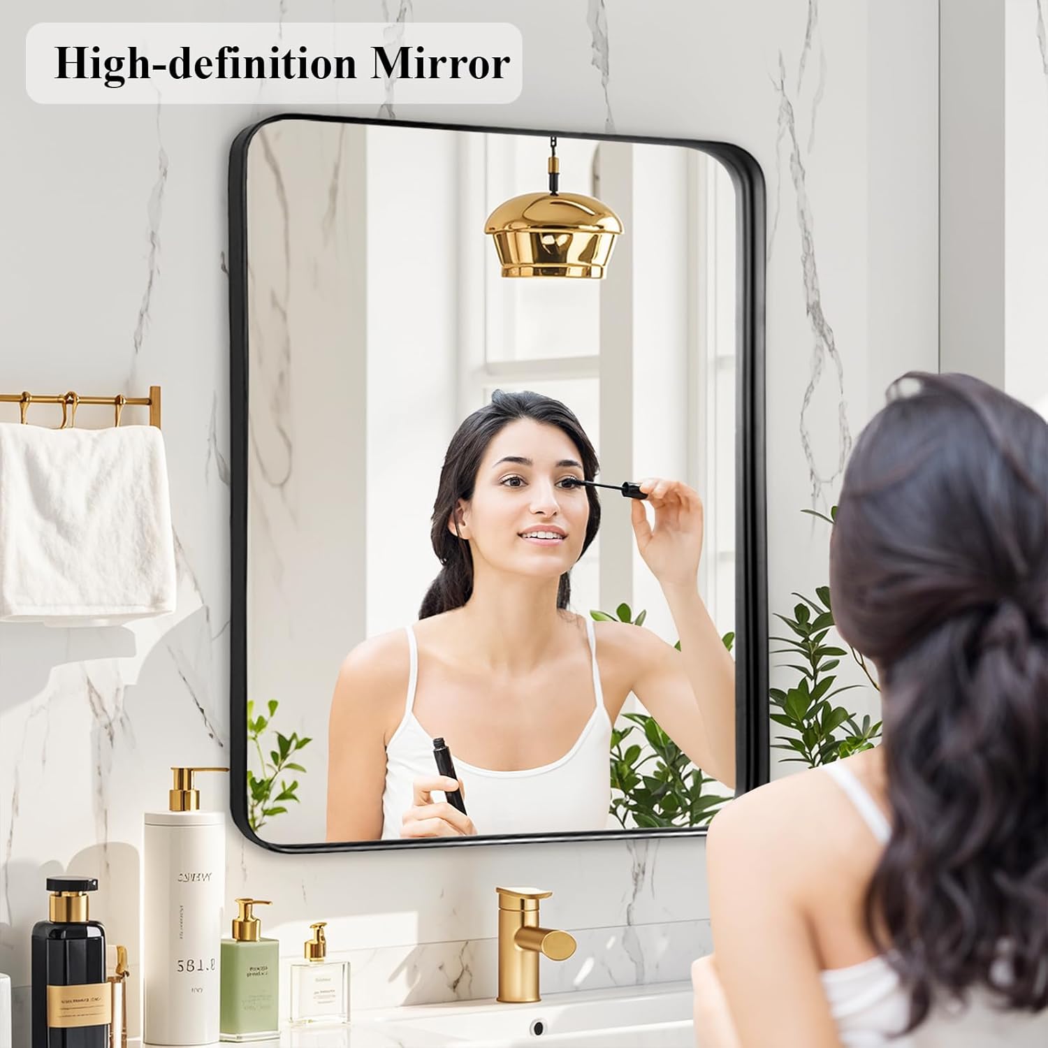 Fabuday Black Bathroom Vanity Mirror - 28x32 Inch Wall Mounted Mirror for Over Sink, Matte Metal Framed Mirrors, Rounded Rectangle Design, Horizontal or Vertical Hanging