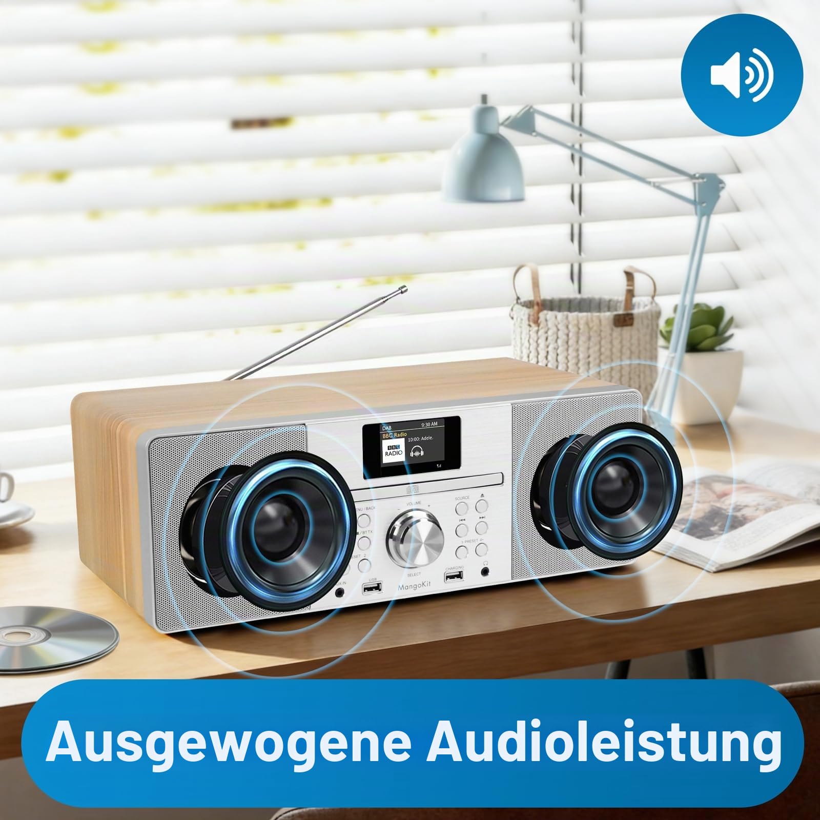 MS1 CD Player,DAB/DAB+und UKW Radio, Bluetooth, leistungsstarkem Stereo-HiFi-System,Farbdisplay,60 Speicherplätzen, Fernbedienung, Gehäuse aus Akustikholz, AUX In, USB Wiedergabe & Aufladungn