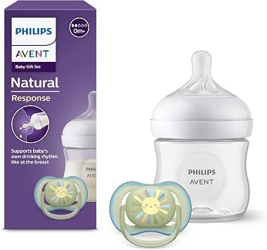 Philips Avent Natural Response Baby Gift Set, Natural Response Baby Bottle 4oz/125ml with T2 0m+ Teat, Ultra Air Pacifier, Model SCD837/10