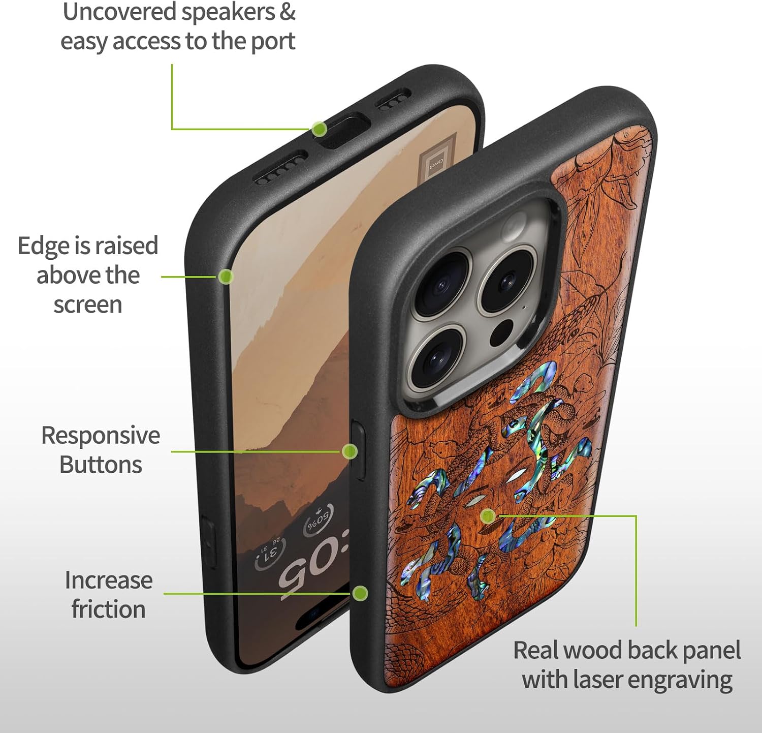 Carveit Wooden Case for iPhone 15 Pro Magnetic Case, Compatible with MagSafe Wireless Chargers, Shockproof Cover, Handmade Shell Inlaid & Wood Artisan Engraved (The Medusa Enigma) Rosy