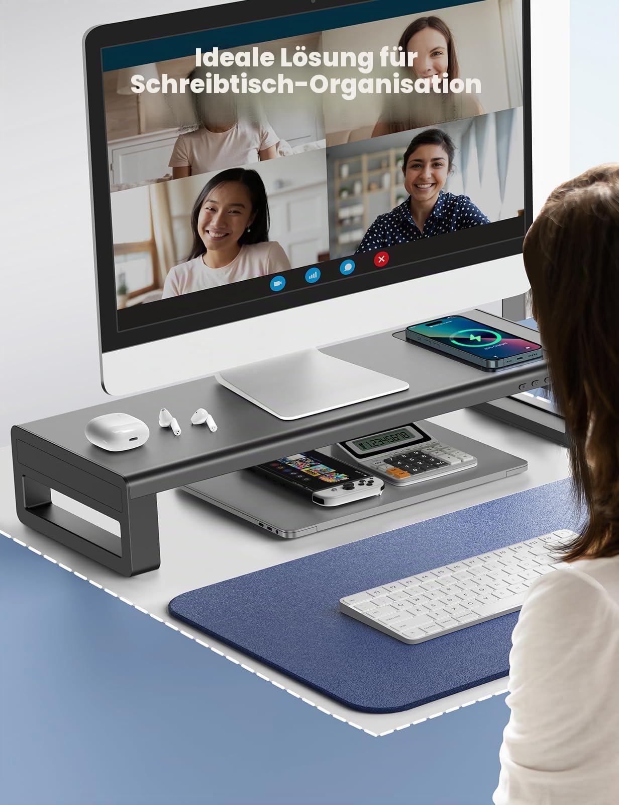 Vaydeer Doppelter Monitorständer aus Metall mit kabellosem Laden und 4 USB 3.0 Hub aus Aluminium für 2 Monitore, Unterstützt bis zu 32 Zoll für Computer, Laptop, Schwarz