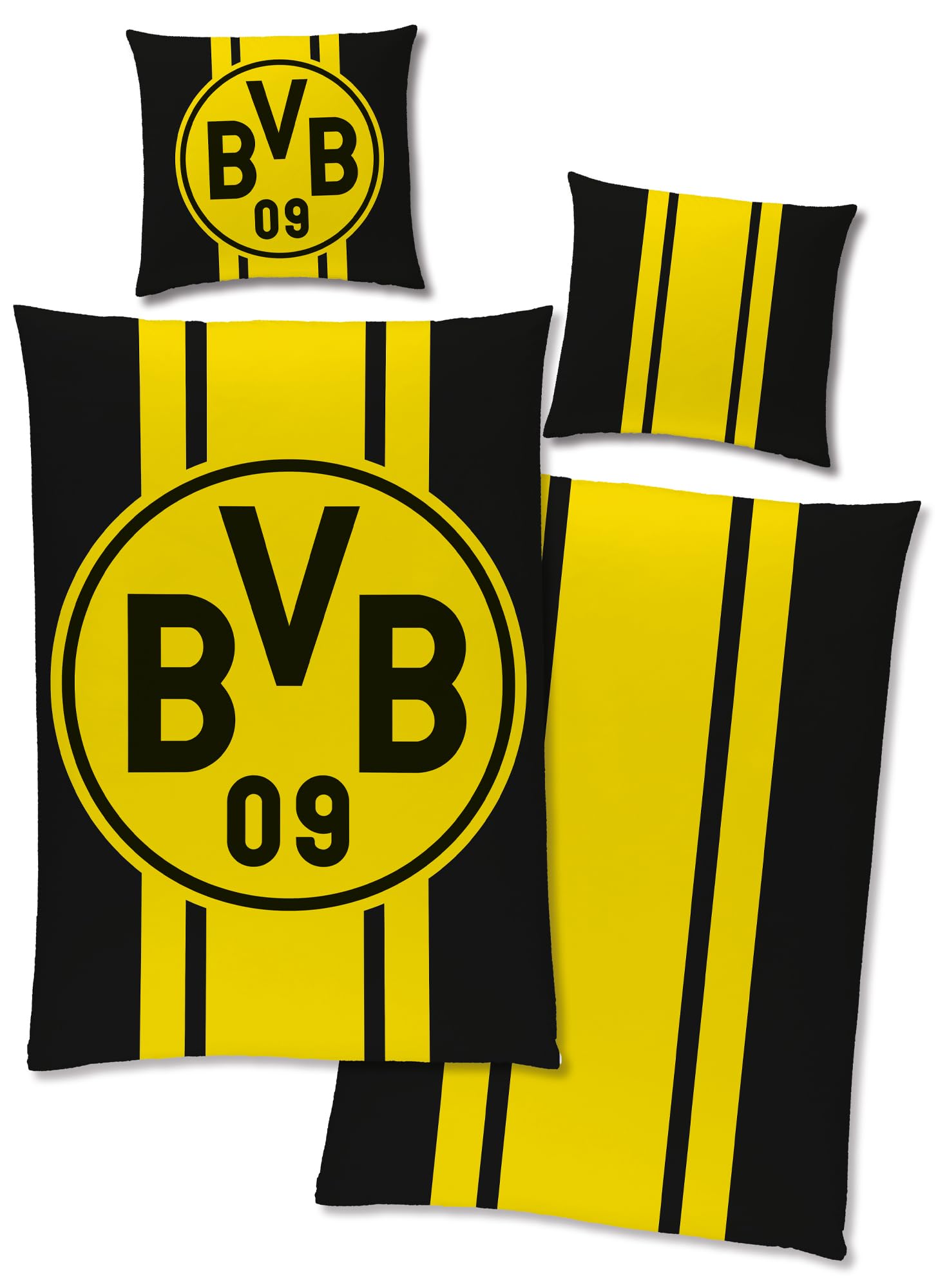 Dortmund Borussia BVB 09 Wende-Bettwäsche 135 x 200 cm + 80 x 80 cm 100% Baumwolle Renforcé-Linon Fußball Bettwäsche Logo Motiv Echte Liebe Heja BVB Reißverschluss deutsche Größe