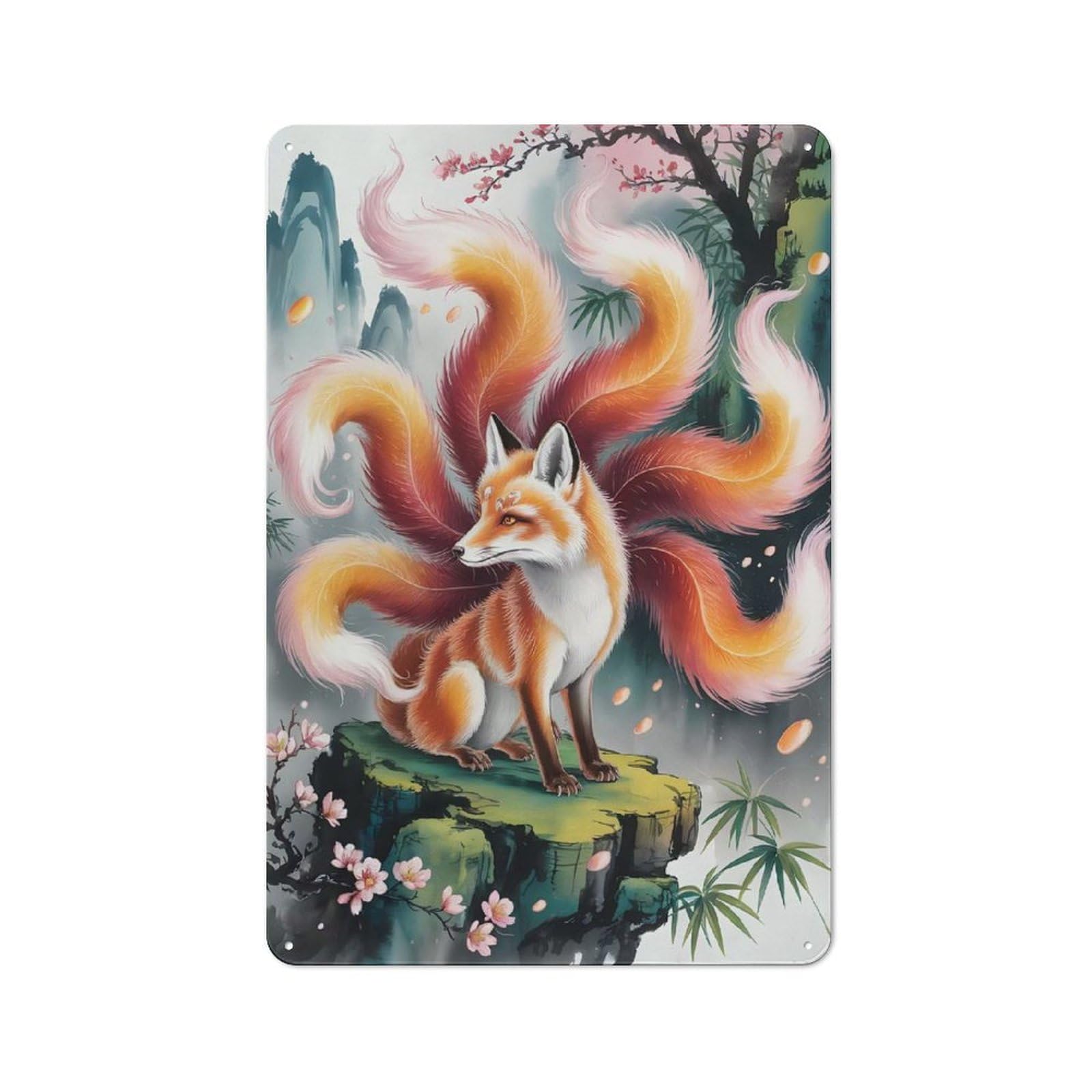 Junmoney Style-18 Vintage Metal Plaque 30X20cm Featuring Nine-Tailed Fox In Asian Landscape For Hallway Wall, For Wall Display Collectors