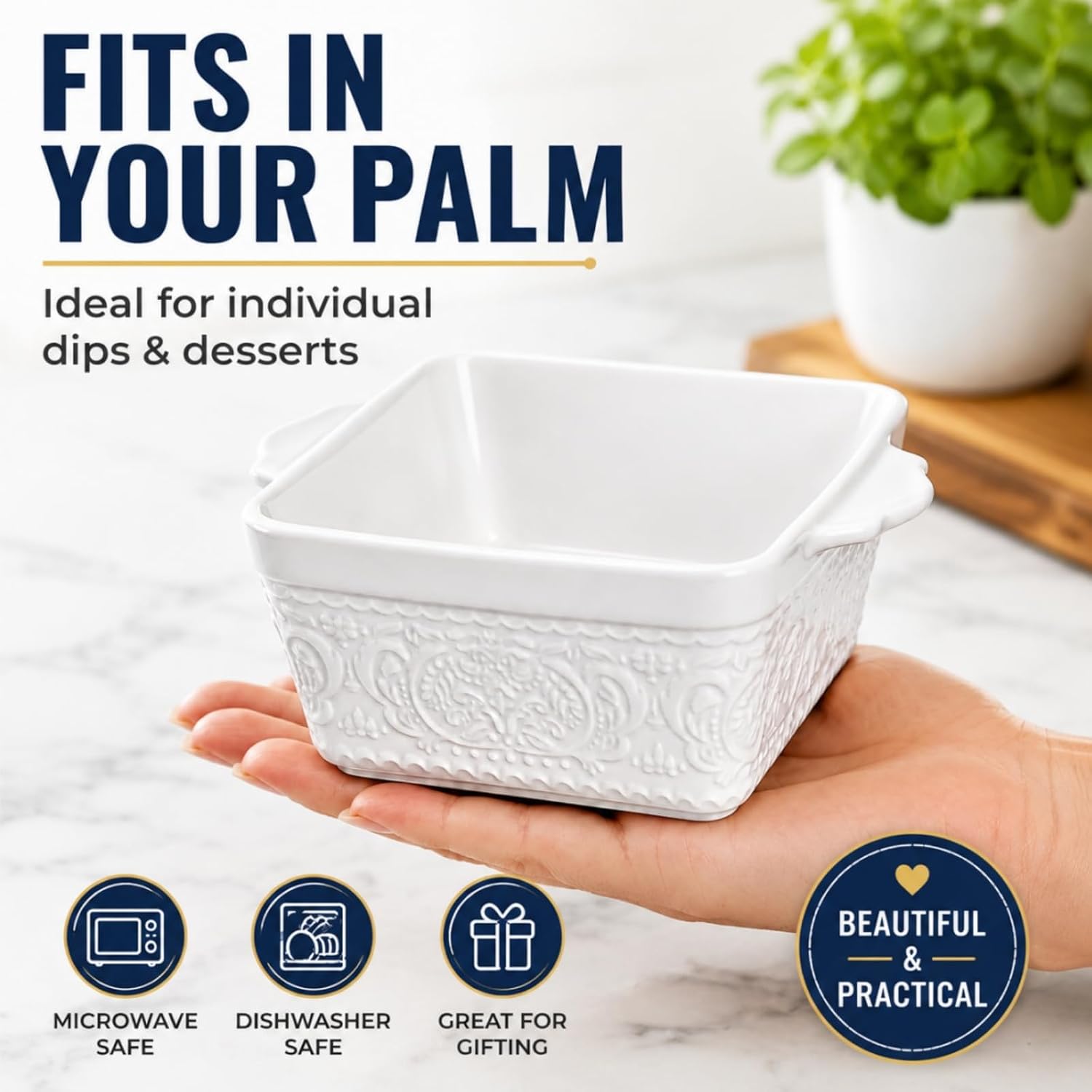 6 Pack 13 OZ Ceramic Baking Dishes, 4.5" Mini Square Bakeware Set, Small Baking Pan with Handle, Individual Casserole Dish for Oven, Roasting, Lasagna, Pie, Gratin, Microwave Safe, White