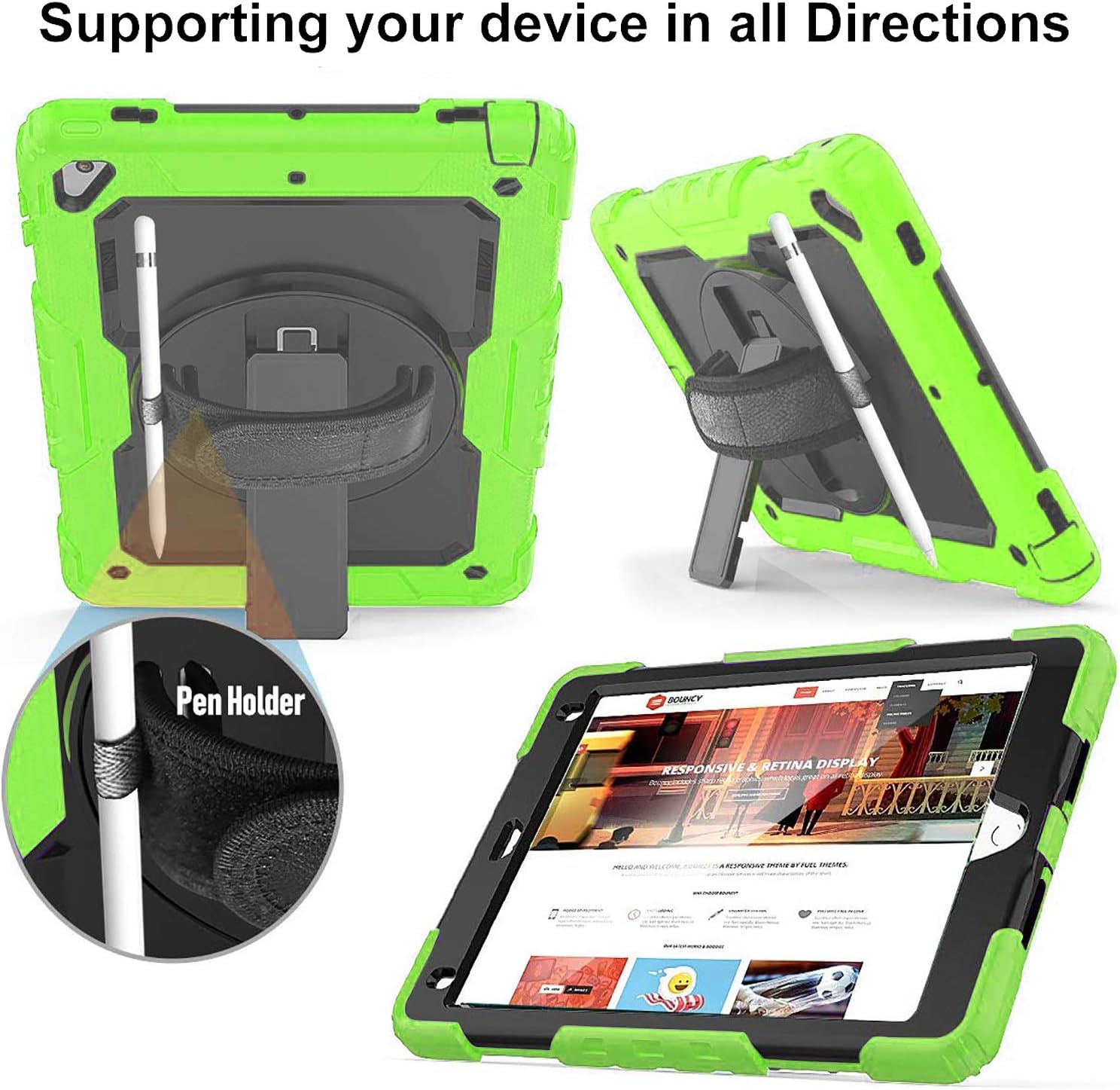 DuraSafe Cases for iPad 9.7 Inch 5/6 & Air 2 & PRO 9.7 [iPad 5th 6th Air 2nd Pro 9.7 ] A1893 A1954 A1822 A1823 A1566 A1567 A1673 A1674 A1675 Built-in Kick Stand Heavy Duty Rugged Case - Green