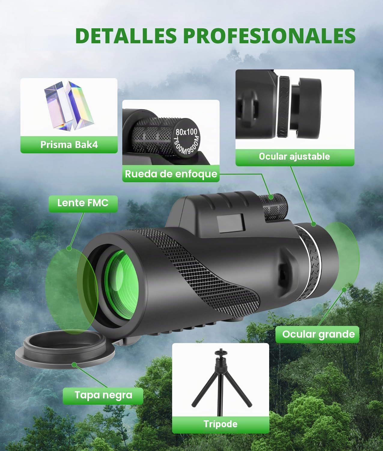PAHTTO Telescopio monocular, monocular 80x100 con Prisma BAK4 y Lente FMC, telescopio HD con Adaptador para Smartphone y trípode, para observación de Aves, Caza, Senderismo y conciertos