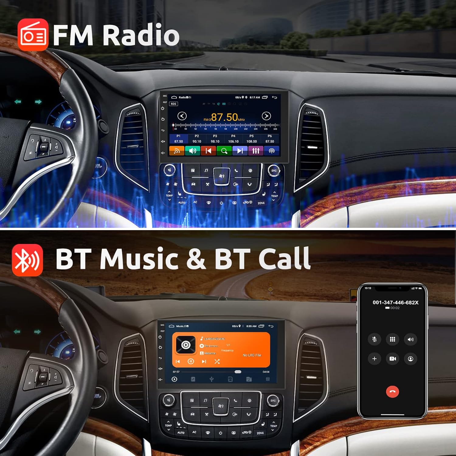 Car stereo screen showing FM radio interface and Bluetooth music/call interface, with a phone displaying an incoming call.