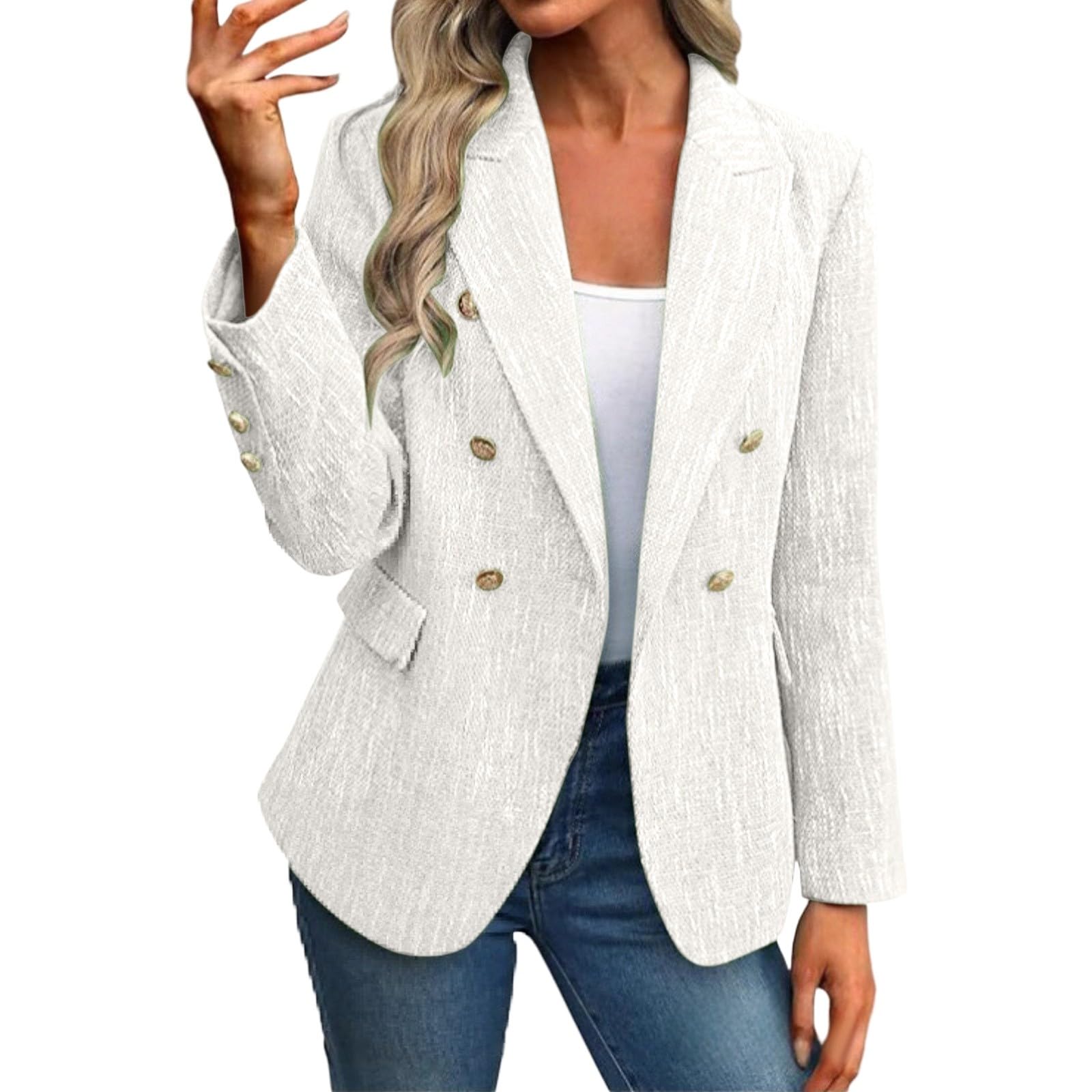 Giacca da ufficio da donna in tweed testurizzato, a maniche lunghe, con risvolto, tasca | Ampio colletto con risvolto, bottoni dorati a doppio petto, tasche con patta, abbigliamento casual da ufficio