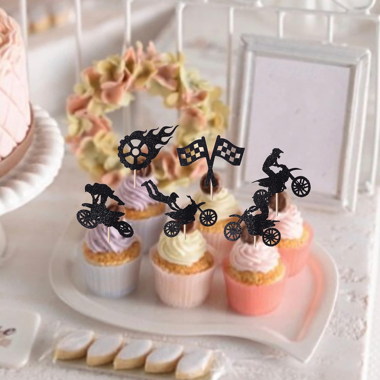 SYKYCTCY 24 Pack Motorcycle Cupcake Toppers Black Glitter Motocross Dirt Bike Party Cupcake Picks for Sports Motocross Theme Man Boy Birthday Party Cake Decorations Supplies - Image 5