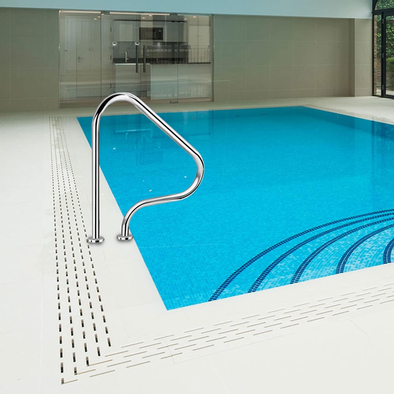 Easy Mount Swimming Pool Hand Rail - 304 Stainless Steel Grab Rail for Inground Pools, Durable Stair Rail with Base Plate, Safe and Secure Pool Access