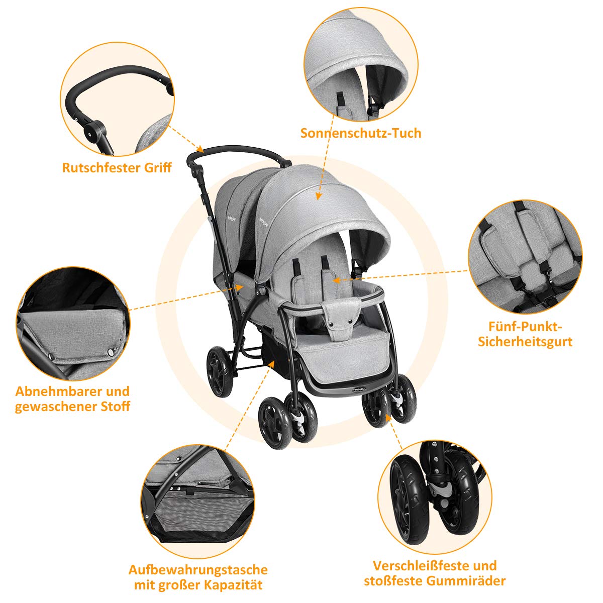 GOPLUS Zwillingswagen Klappbarer Kinderbuggy für Babys ab 6 Monate Grau