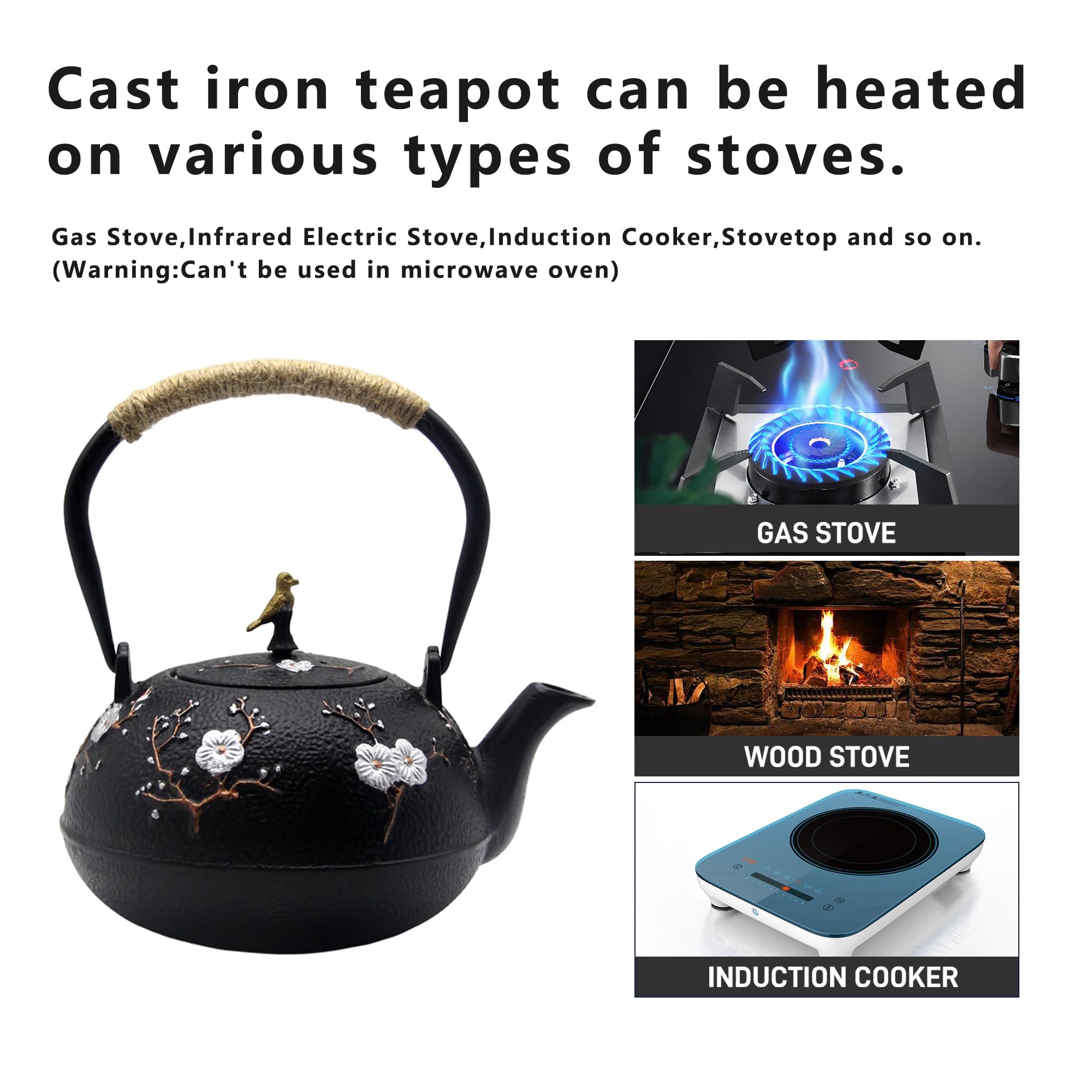 Teekanne aus Gusseisen, japanischer Stil, Tetubin, Teekessel mit herausnehmbarem Edelstahl-Ei für Herdplatte, Teekanne aus Emaille, blaues Eisen, für Kaffee, Teebeutel, Pflaumenblüten, 1200 ml