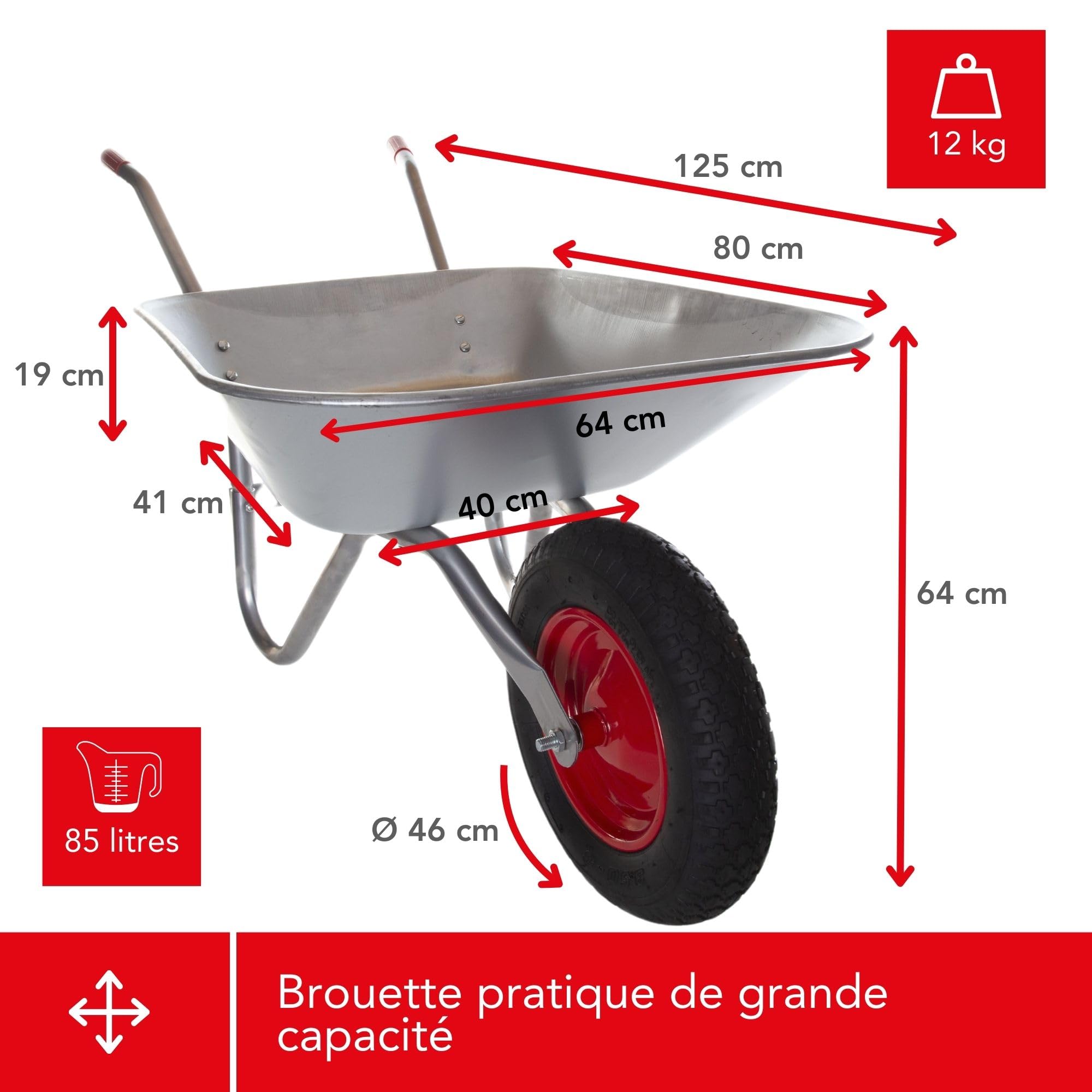 Toolland Brouette 85 L, bac en Acier galvanisé, Roue pneumatique 350 mm, légère 12 kg pour Jardin et Chantier Sable Terre gravats et déchets Verts